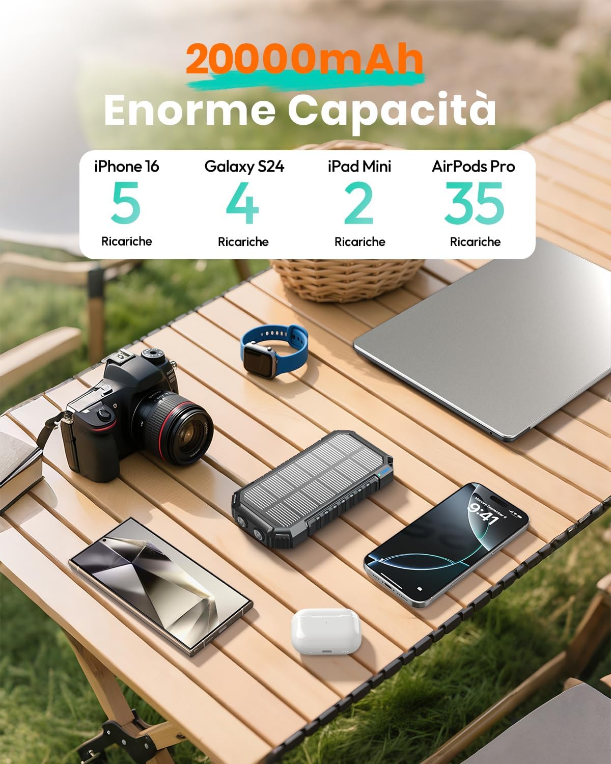 Detalle de Power Bank Solar 20000mAh 15W con cavi integrati e torcia LED – Caricatore rapido portatile per iPhone e Android