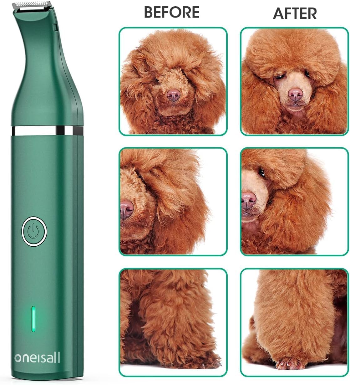 Detalle de oneisall Leise Hundeschermaschine für Pfoten & Trimmbereiche – kabellos, grün