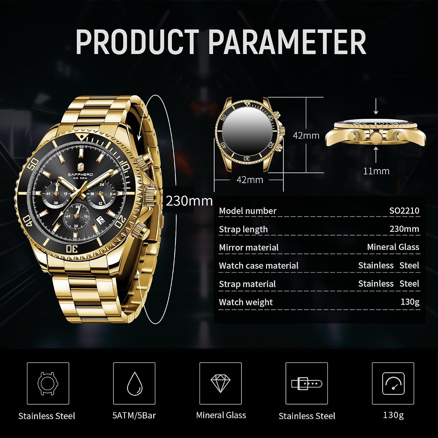Detalle de SAPPHERO Orologio uomo analogico al quarzo con cronografo, 50M impermeabile e cinturino in acciaio