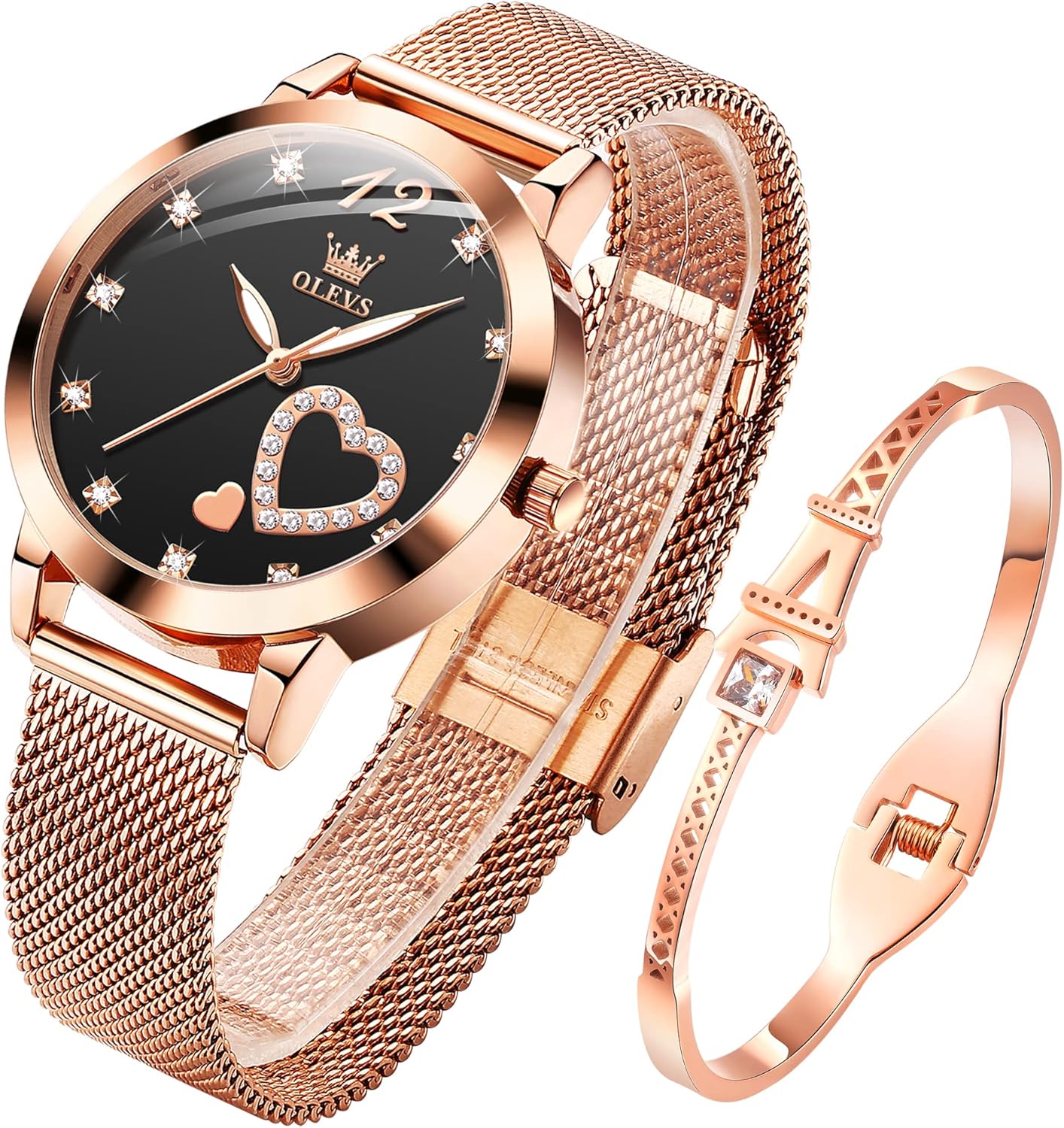 Detalle de OLEVS Montre pour Femme Or Rose – Cœur, Diamants et Mouvement Quartz Japonais