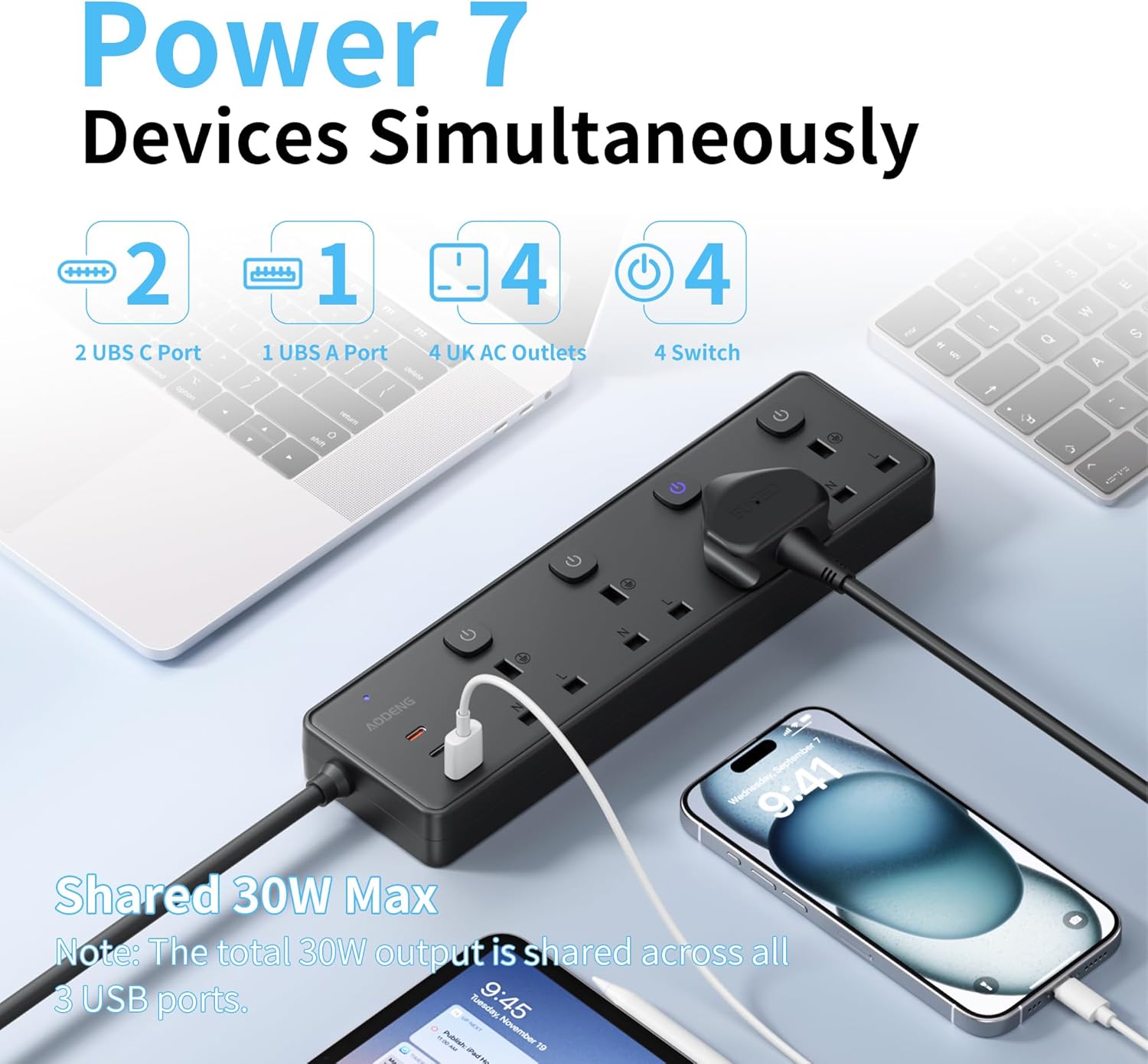 Thumbnail 2 de Extension Lead with 3 USB Slots (30W) and 4-Way Sockets, 3M Wall-Mountable Surge Protected Power Strip