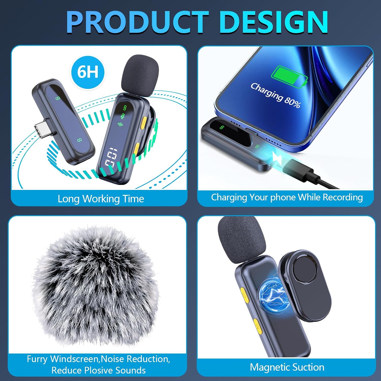 Detalle de RICCHI J1 Wireless Lavalier Microphone Set, 2 Mics with Noise Reduction and LED Display