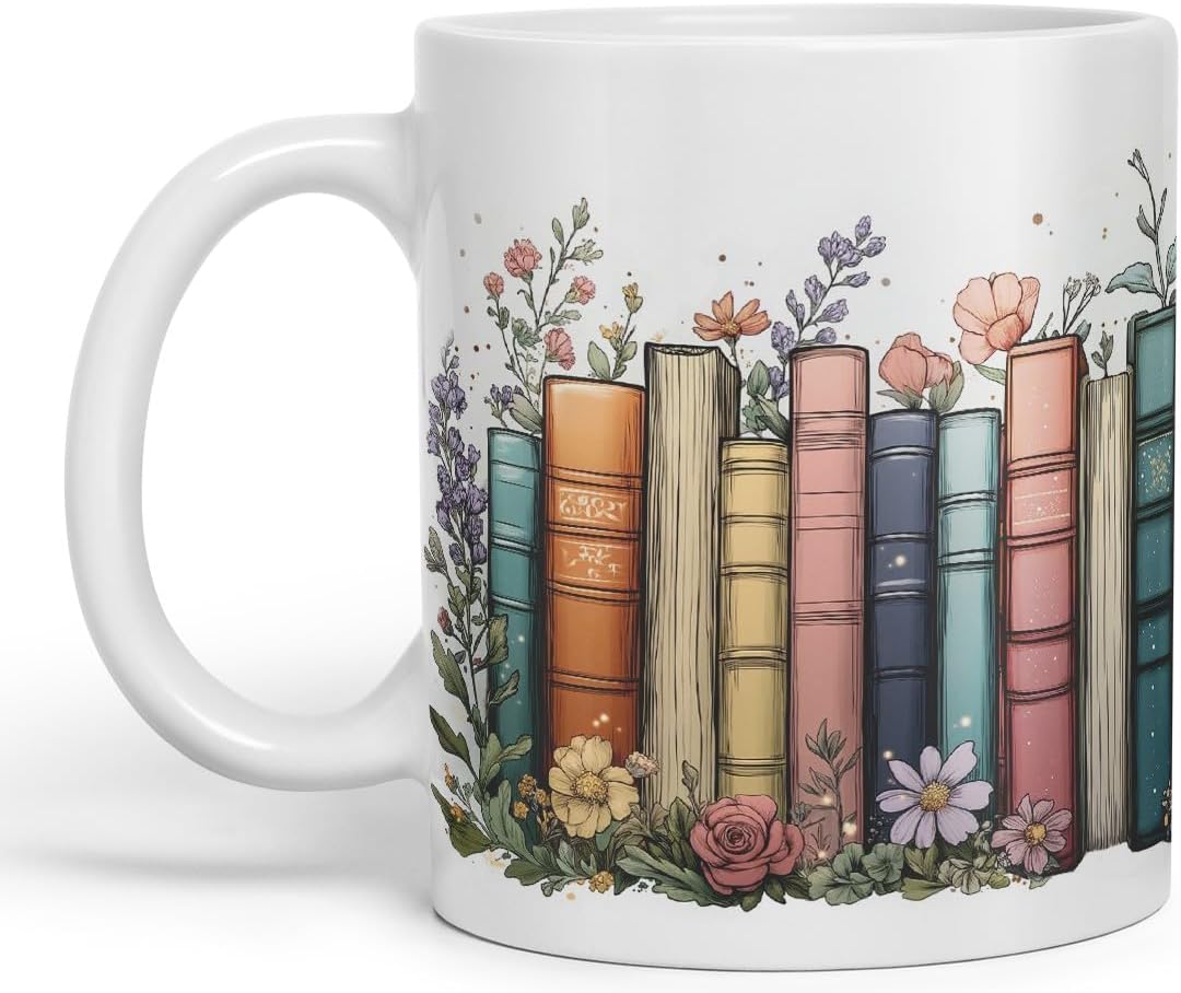 Thumbnail 1 de Vixar Floral Bookshelf Coloured Ceramic Mug Cup Gift, 11oz (White)