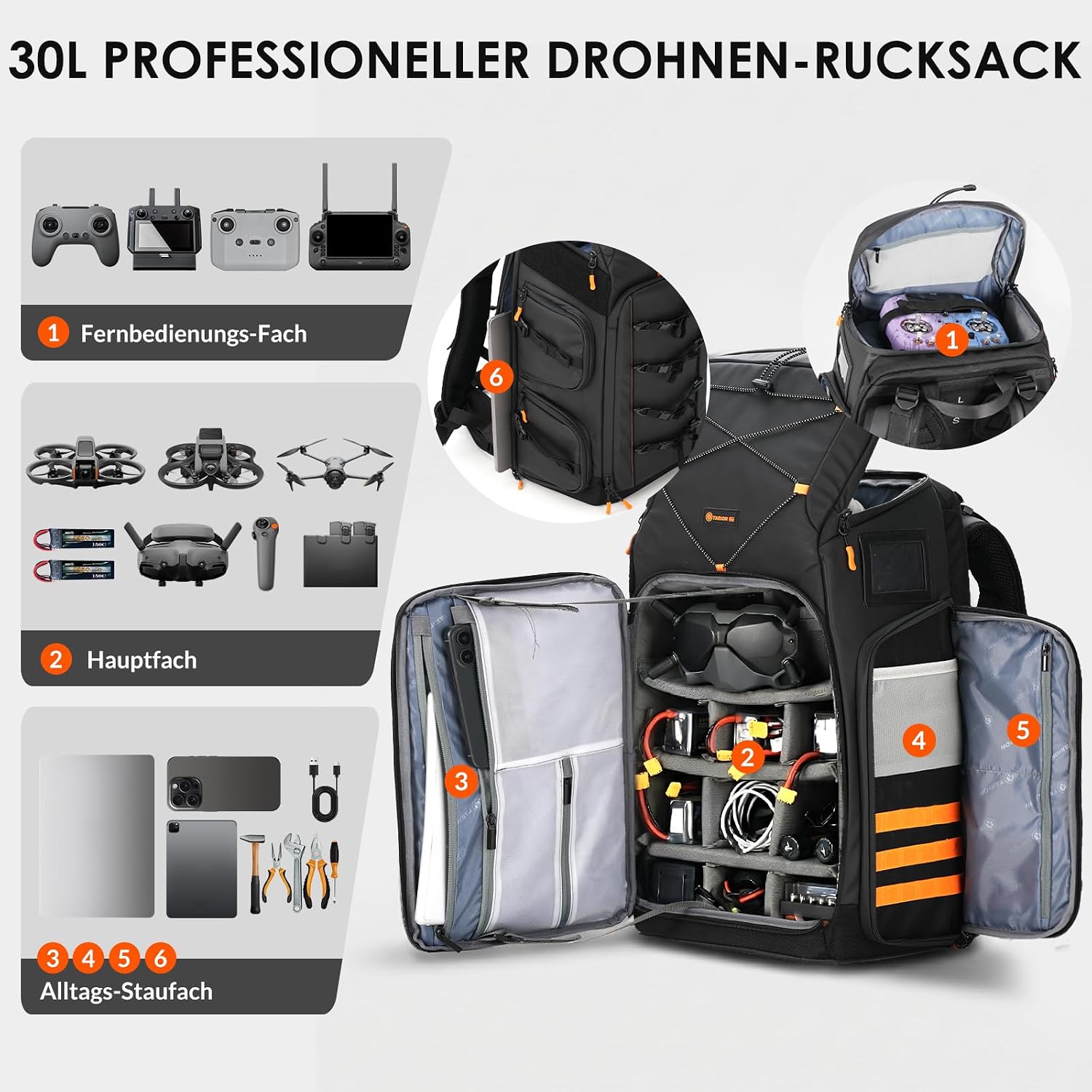 Thumbnail 2 de TARION Flightpro FPV Drohnen Rucksack – wasserdichte Transporttasche für FPV Racing, Brille & Fernbedienung
