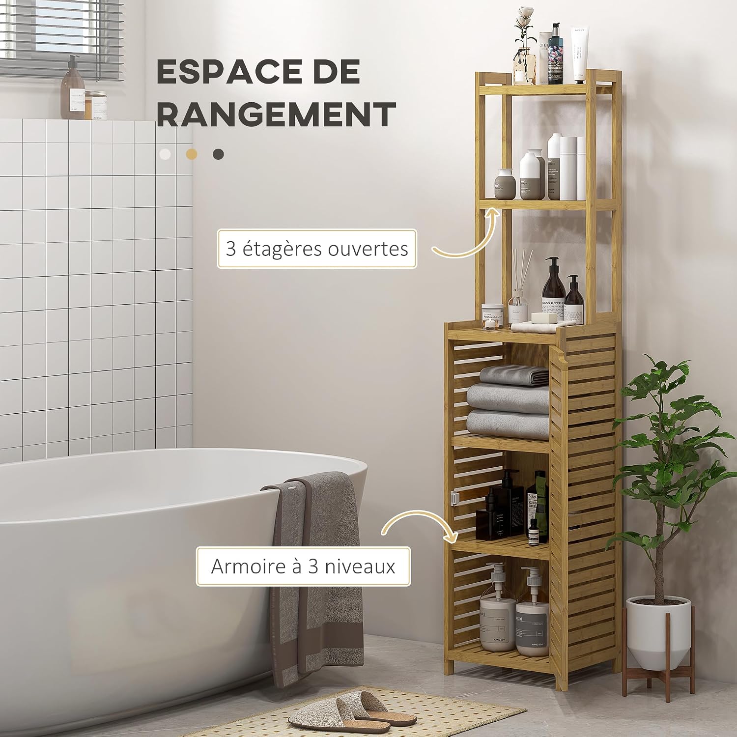 Detalle 2 de HOMCOM Armoire colonne salle de bain bambou 170 cm