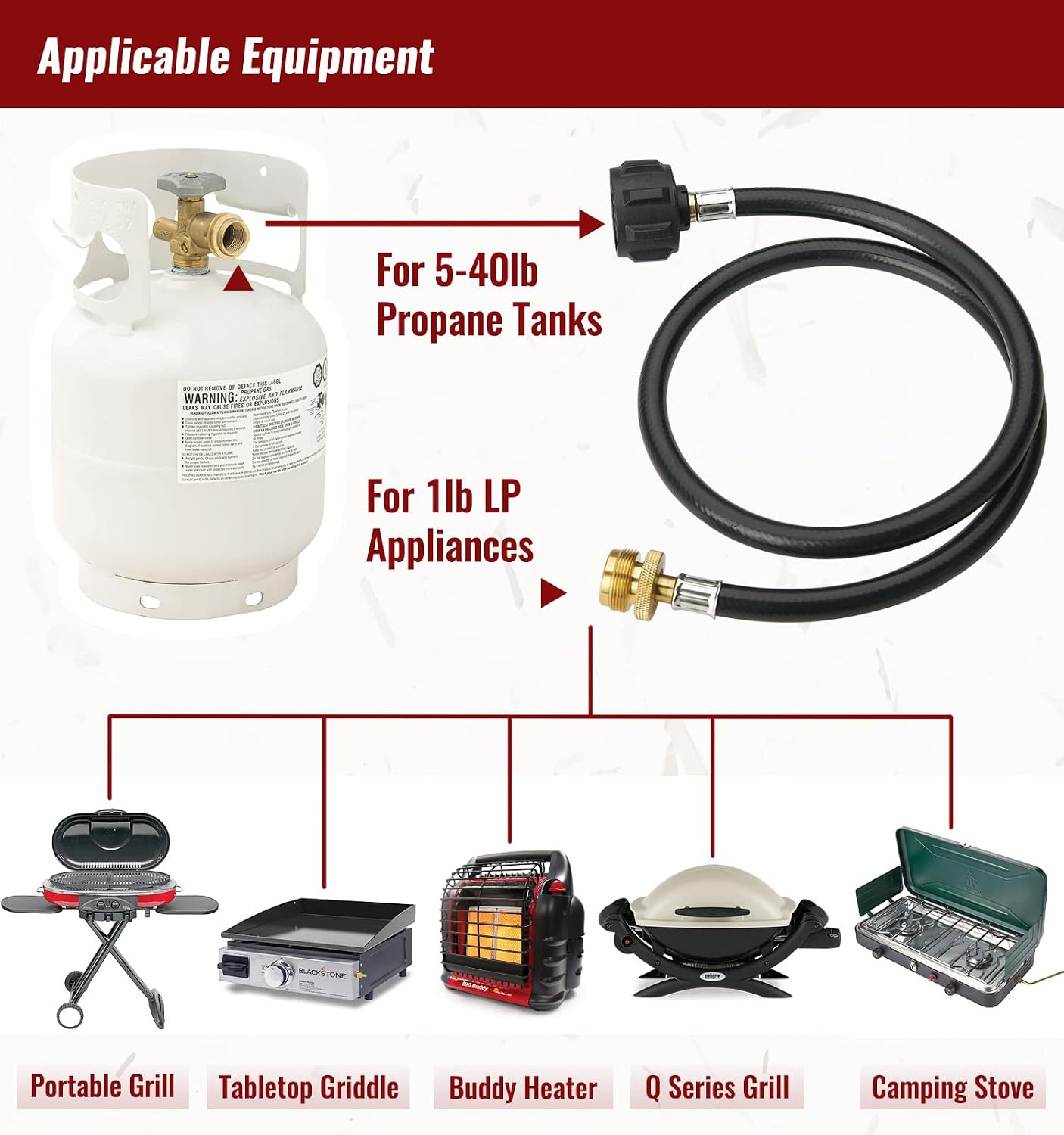 Detalle de CALPOSE Propane Adapter Hose for 1lb Appliances, Rubber Hose and Brass Fittings