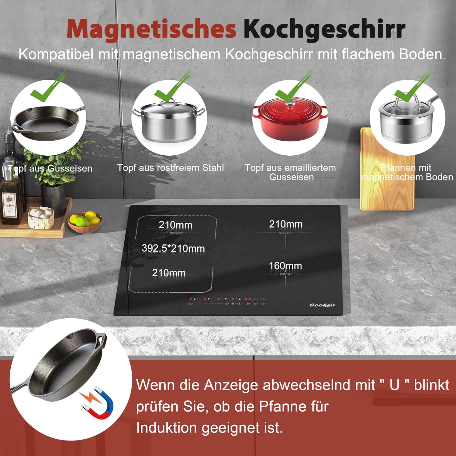 Detalle de Cooksir Induktionskochfeld 60 cm mit Stecker – 4 Zonen, 3500 W, 220 V, 16 A