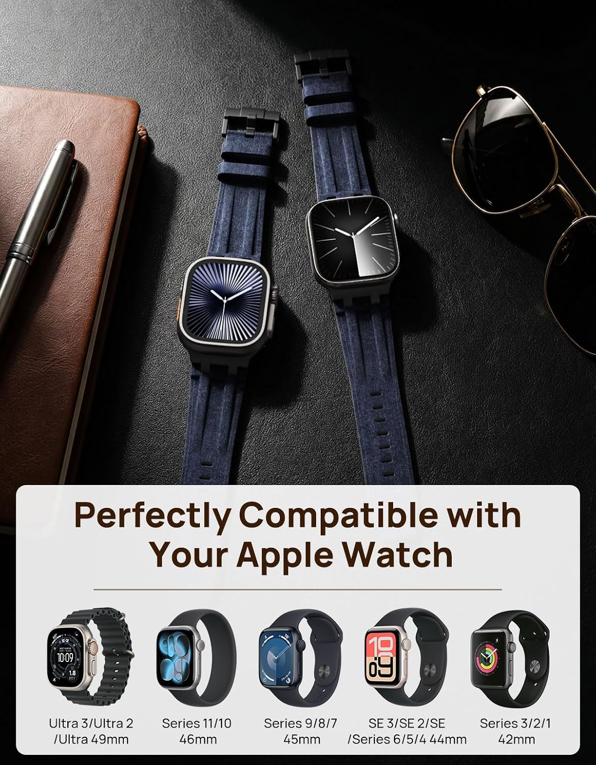 Thumbnail 1 de MoKo Bracelet en cuir pour Apple Watch (Crazy Horse) avec connecteurs métalliques, compatible 49/46/45/44/42 mm