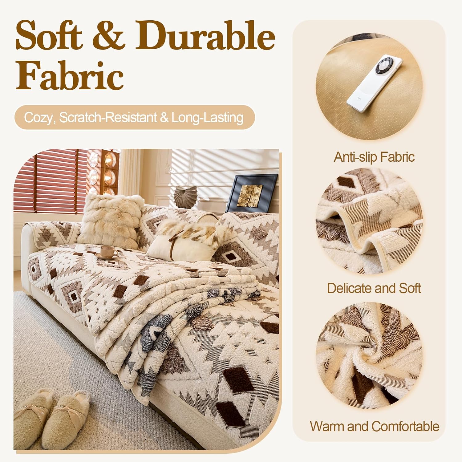 Detalle de WEYOND Boho Sofa Cover for Dogs (90 x 160 cm) – Soft Plush Non-Slip Couch Protector in Coffee