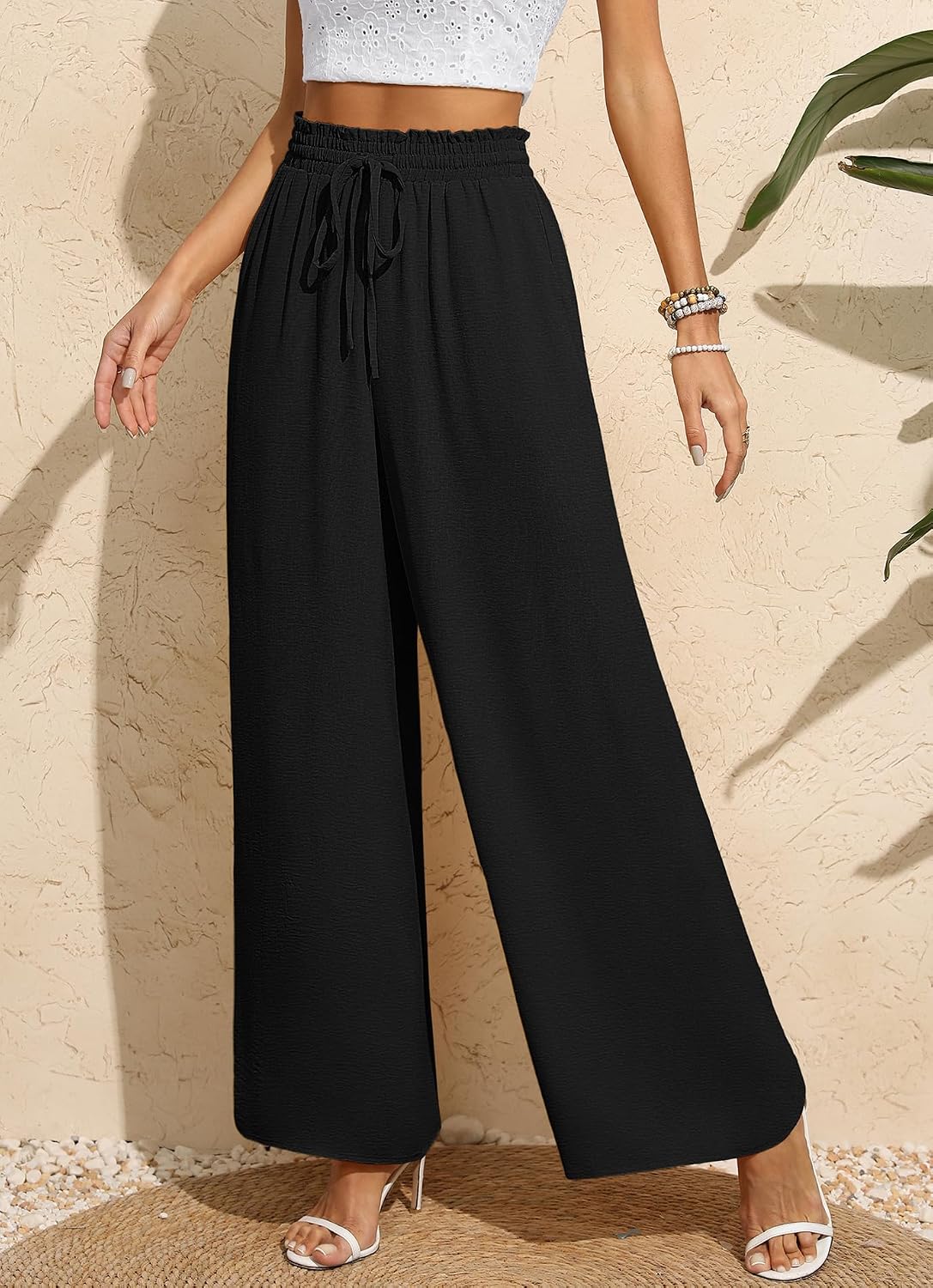 Detalle de BEIGAI Women Trousers: Elasticated High Waist Wide Leg with Pockets