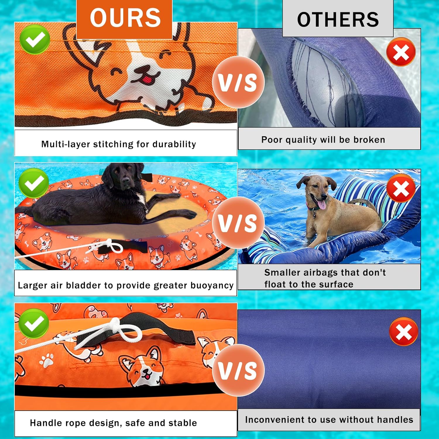 Detalle de 55 x 35 Inch Inflatable Dog Pool Float with Rope – Pet Lake Raft for Small to Large Dogs