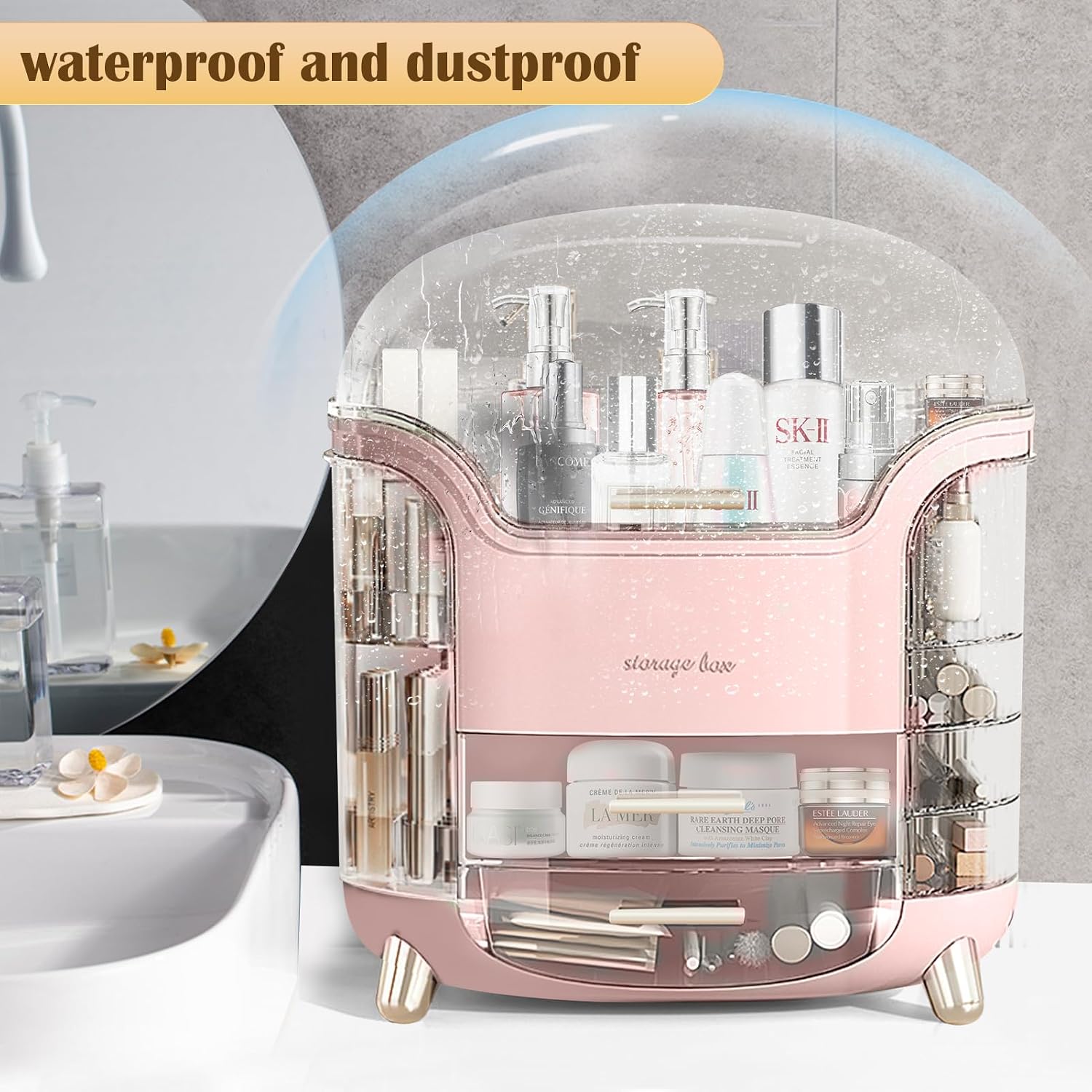 Thumbnail 1 de LZDMY Makeup Storage Organiser with Clear Lid (Pink) – Dustproof waterproof drawers for bathroom & dressing table