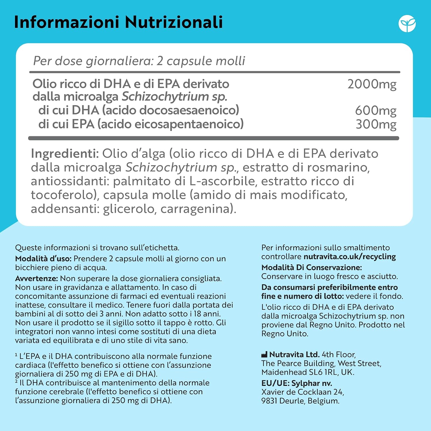 Detalle de Nutravita Omega 3 Vegan ad alta efficienza 2000mg – 60 capsule vegane (600 mg DHA + 300 mg EPA per porzione)