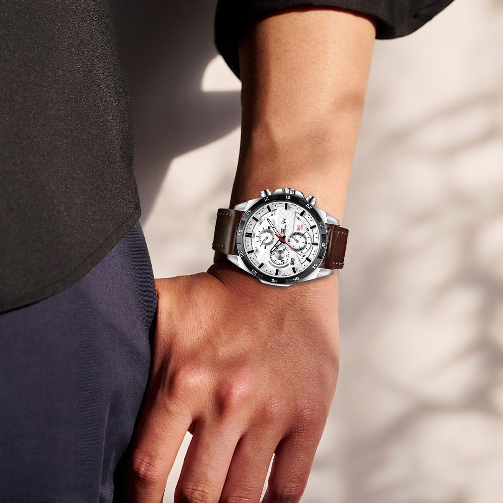 Detalle 2 de OFFCUP Herren Uhr Analog Quarz Chronograph Braun – Lederarmband mit Datumsanzeige