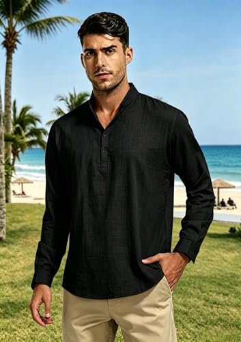Detalle de Cegerne Camicia Lino Uomo Maniche Lunghe Estiva Traspirante Henley Casual Nero XL