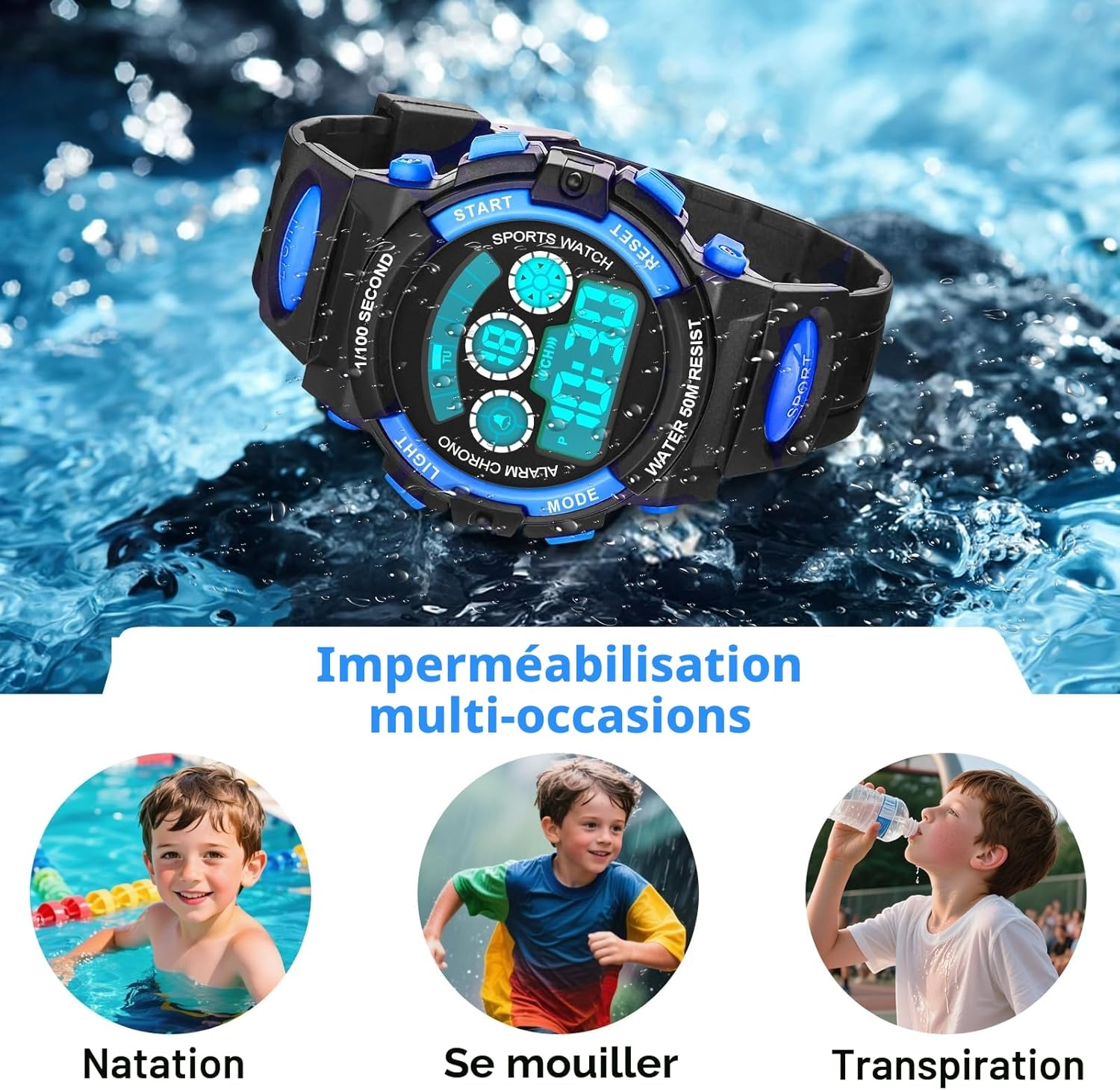 Detalle de DTKID Montre Digitale pour Enfants et Ado — 7 couleurs LED, 5ATM, Chronomètre et Alarme
