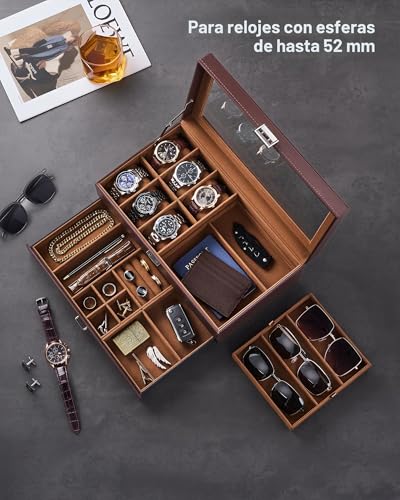 Detalle 2 de ProCase Caja Joyero para Hombres: Organizador de Relojes y Accesorios con Cerradura y Tapa de Cristal