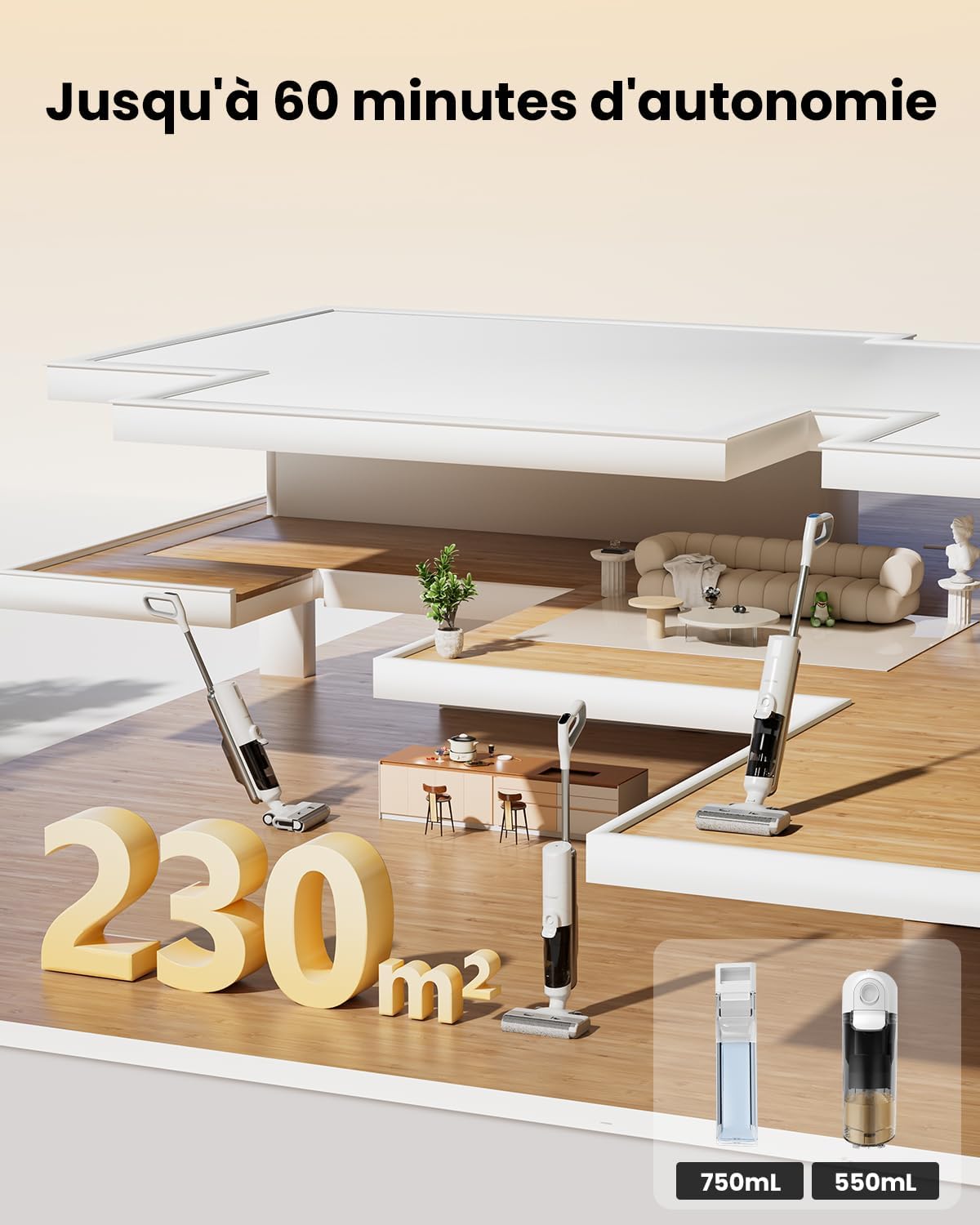 Detalle de Proscenic F10 Ultra+ Aspirateur Laveur sans Fil — 60 minutes d’autonomie et lavage eau et poussière