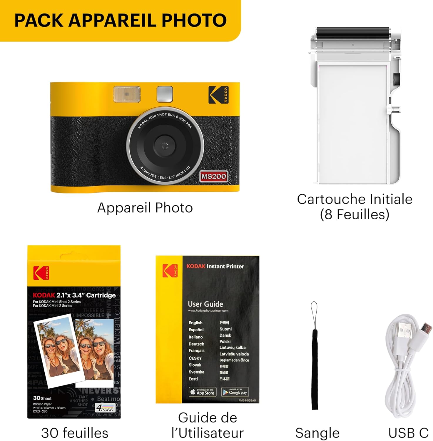 Thumbnail 6 de KODAK Mini Shot 2 Era 4PASS 2‑in‑1 : Appareil photo instantané et imprimante photo portable (Jaune, 38 feuilles)