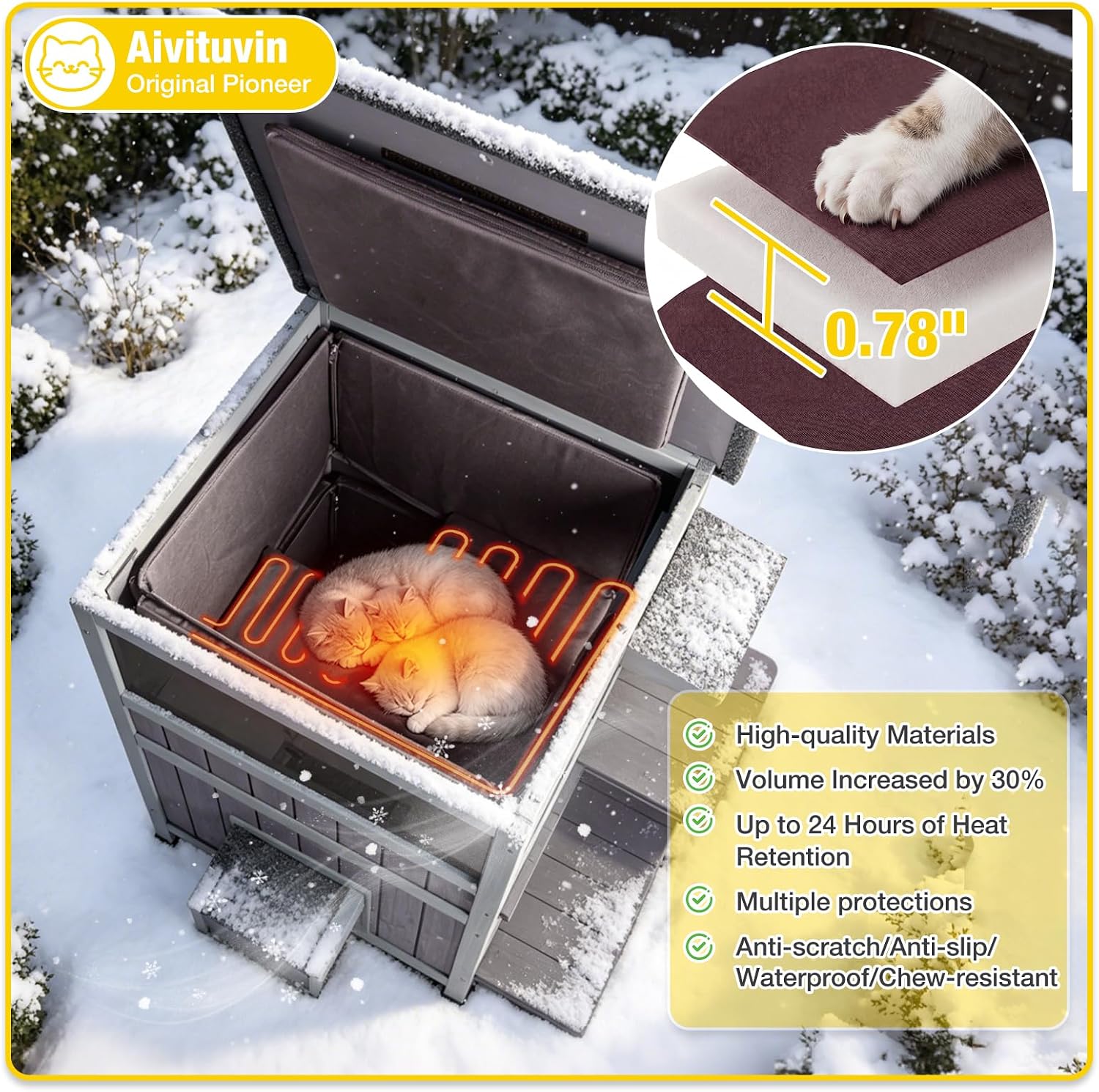 Detalle de Aivituvin L 2-Story Heated Outdoor Cat House, Insulated Fir Wood, Gray