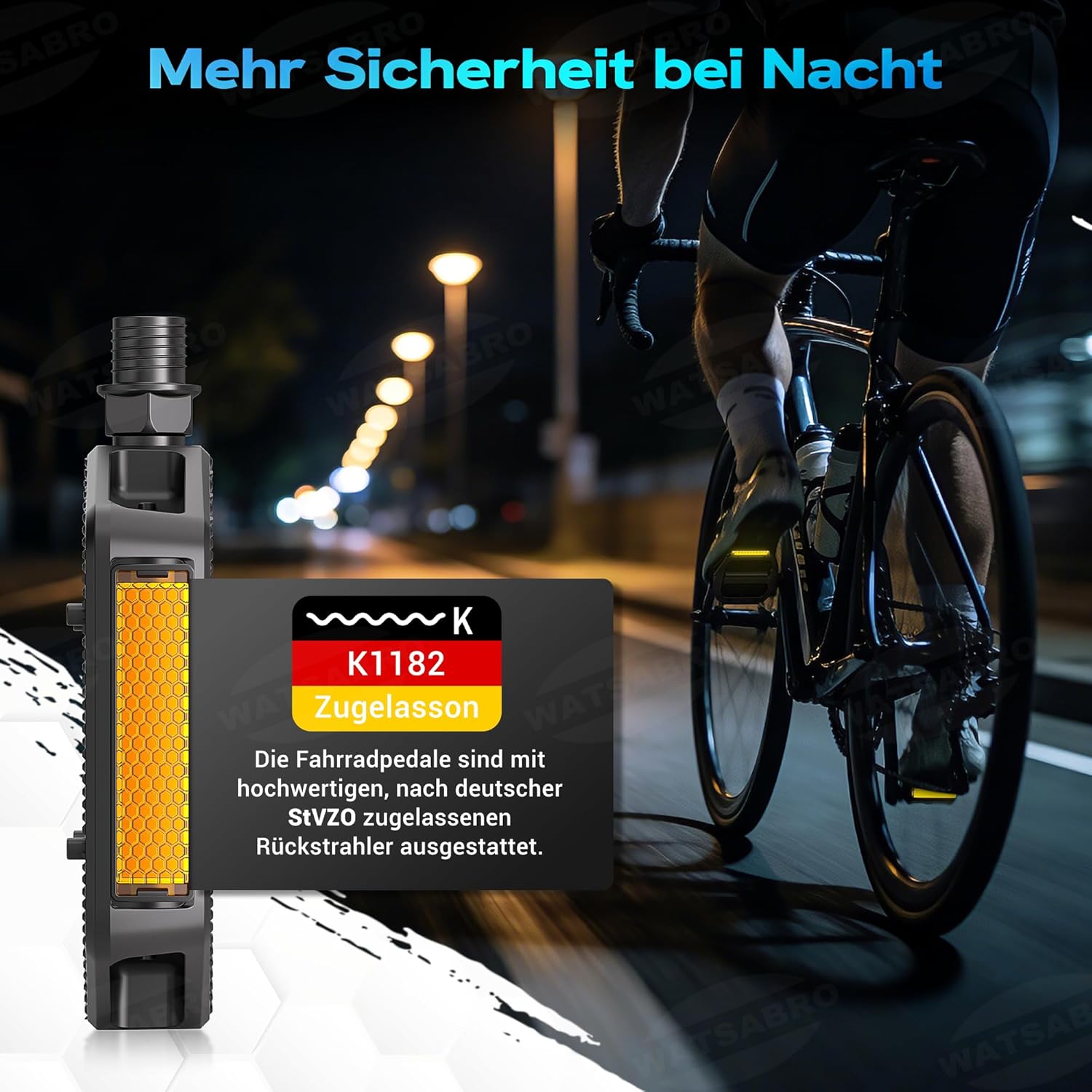 Thumbnail 1 de WATSABRO Fahrradpedale mit StVZO-Reflektorstreifen, rutschfeste 9/16-Zoll-MTB-/Trekking-/Gravel-Pedale mit Doppel-DU-Lager