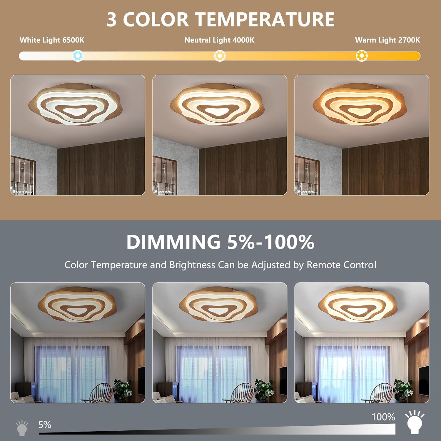 Thumbnail 1 de SUCIKORIO Marron 48W Dimmable LED Ceiling Light, 50 cm, Remote & App