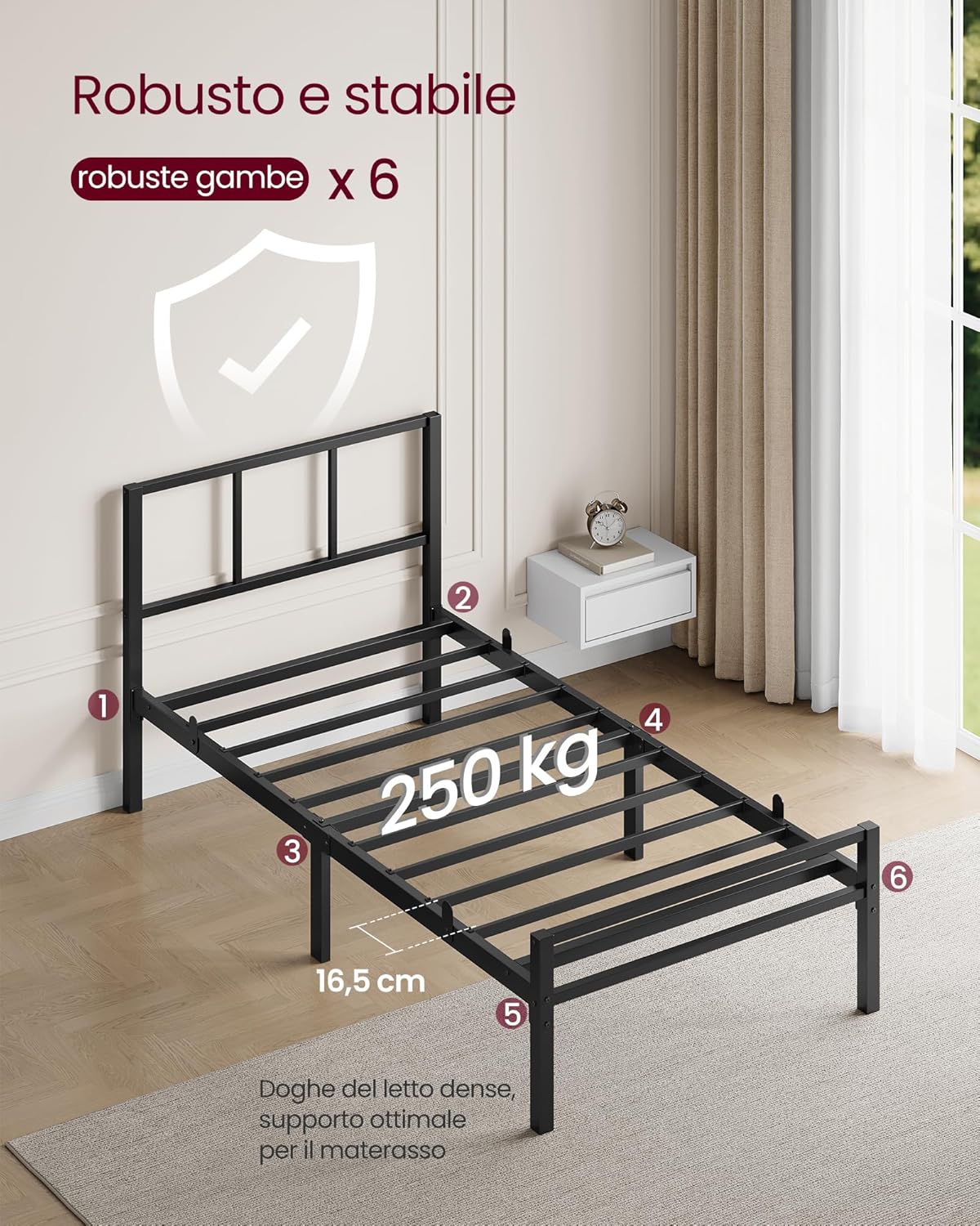 Thumbnail 1 de VASAGLE Struttura Letto Singolo 90x190 cm RMB291B101 – Testiera in metallo, montaggio facile, fino a 250 kg