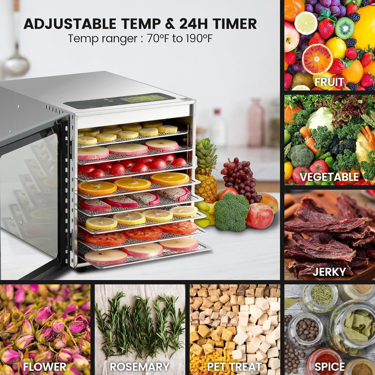 Detalle de Cercker 8-Tray Stainless Steel Food Dehydrator (500W) with 24H Timer, 70°F–190°F Jerky & Fruit Dryer