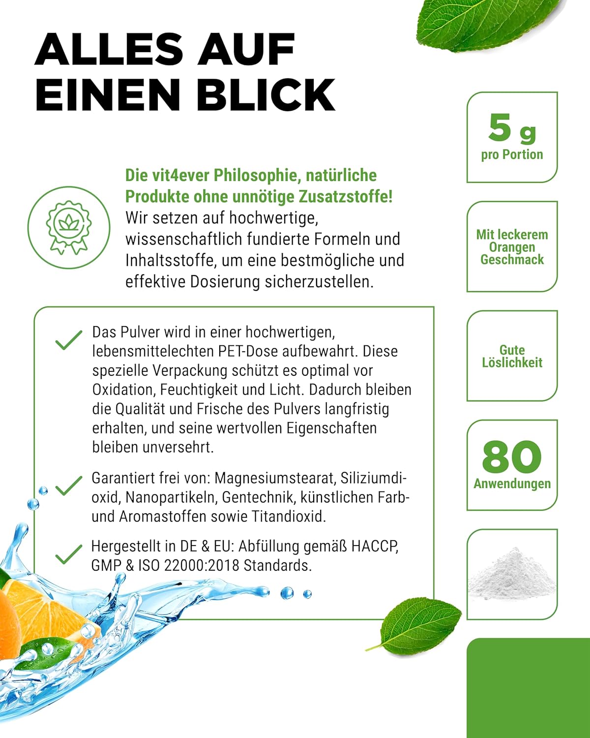 Detalle de vit4ever Elektrolyte Hydration Formel – 400 g Pulver, Orangen Geschmack (80 Portionen, zuckerfrei, vegan)