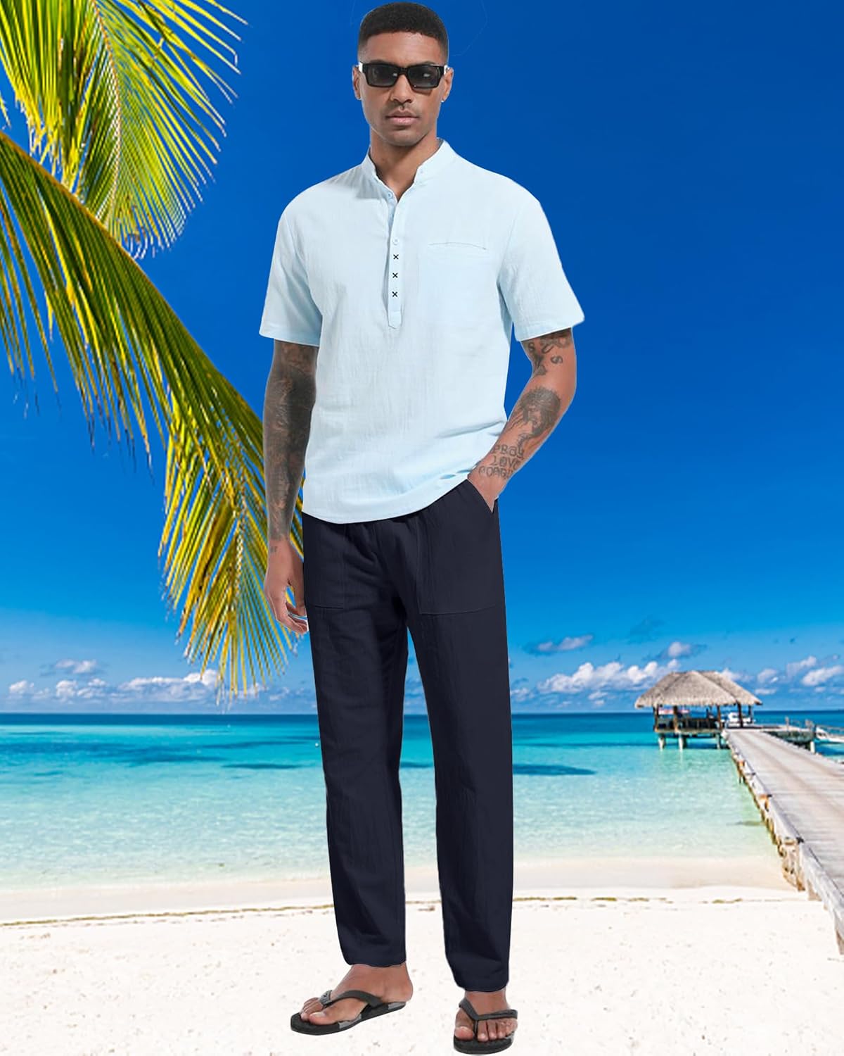 Detalle de LVCBL Leinenhose Herren – lockere Leinen-Hose mit elastischem Bund und Taschen
