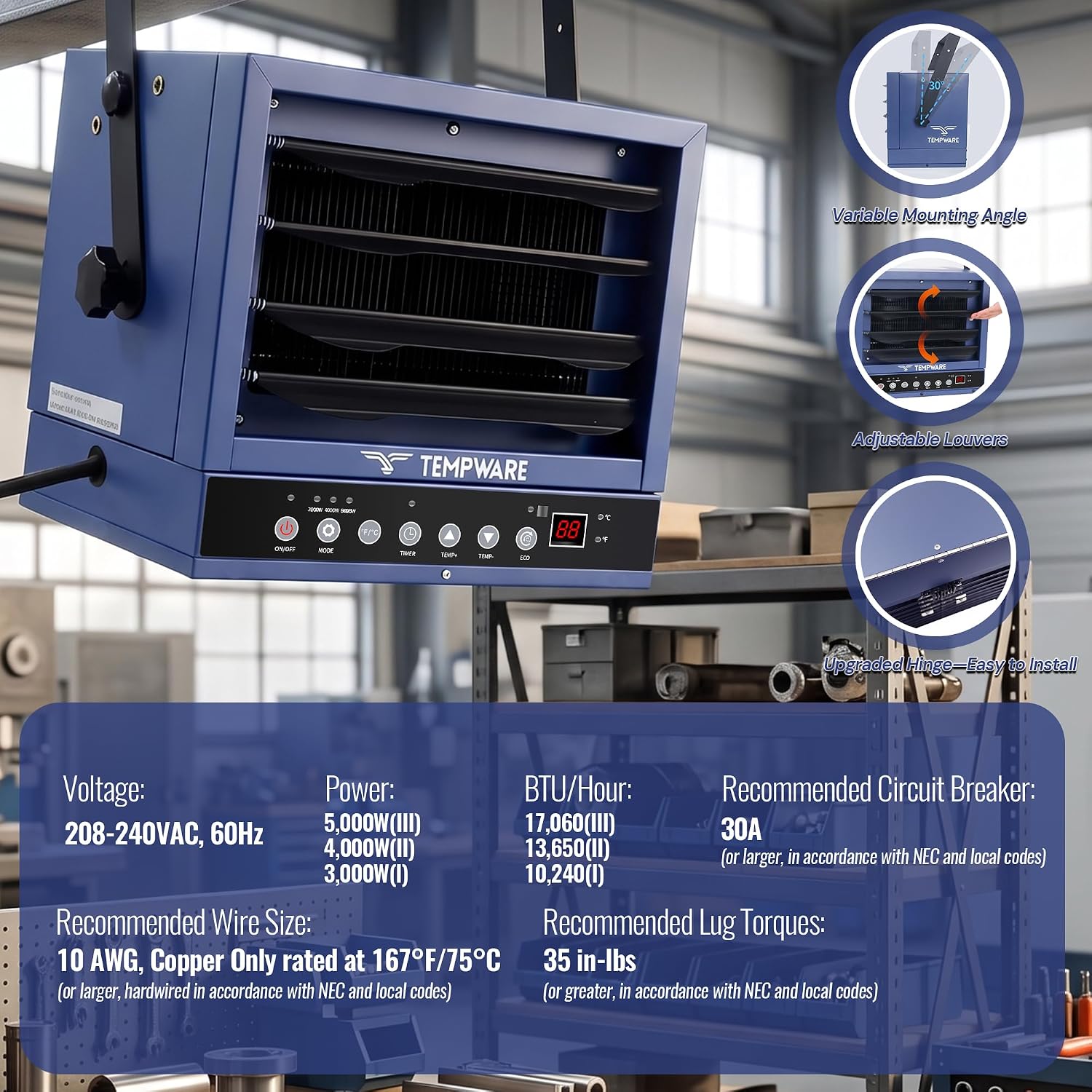Detalle 2 de TEMPWARE GR5000ER-EC 5000W Garage Heater, Remote, 240V Hardwired
