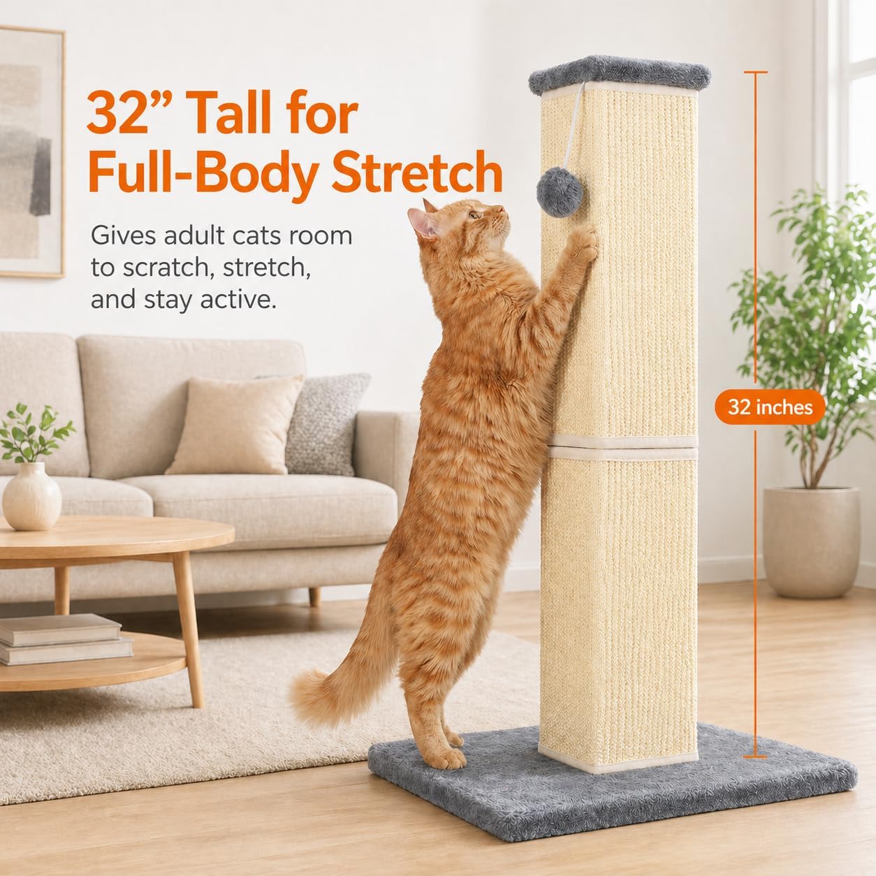 Detalle 2 de YULOYI Cat Scratching Post for Large Indoor Cats – 81cm, Natural Sisal, Stable Base, Grey
