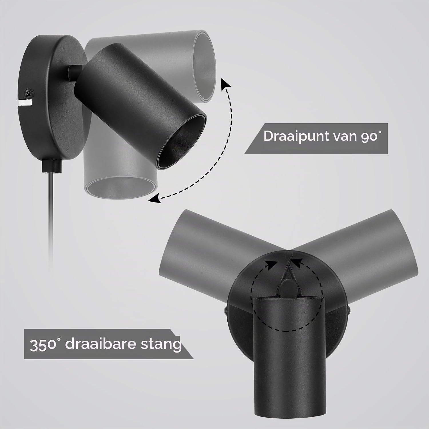 Detalle de TaFiCo 2023/2563040 wandlamp met stekker, kabel en richtbare spot
