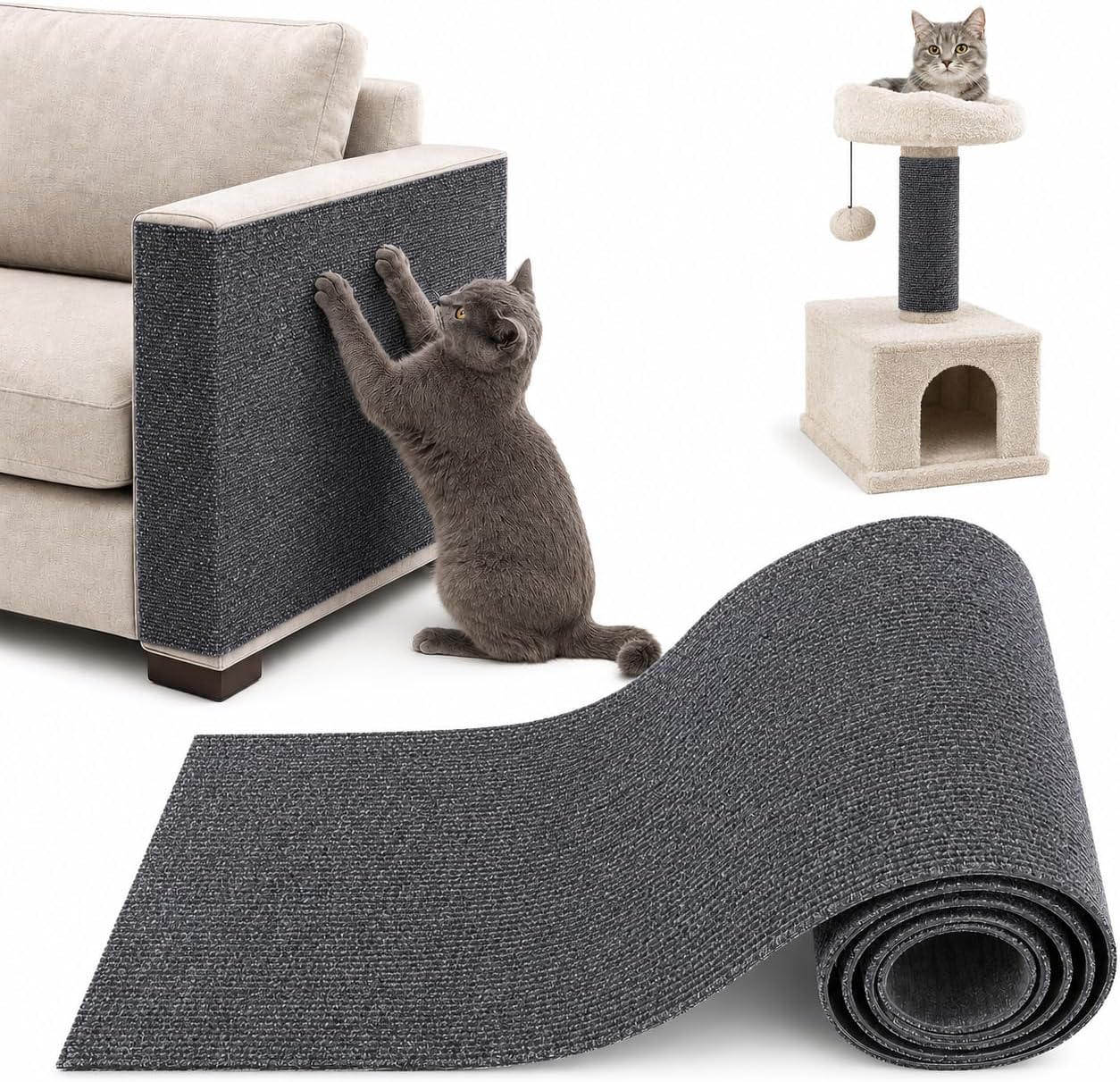Detalle de Protection Canapé Chat Anti Griffes – Tapis griffoir 200 x 40 cm découpable, auto-adhésif et résistant en fibre polyester (Gris)