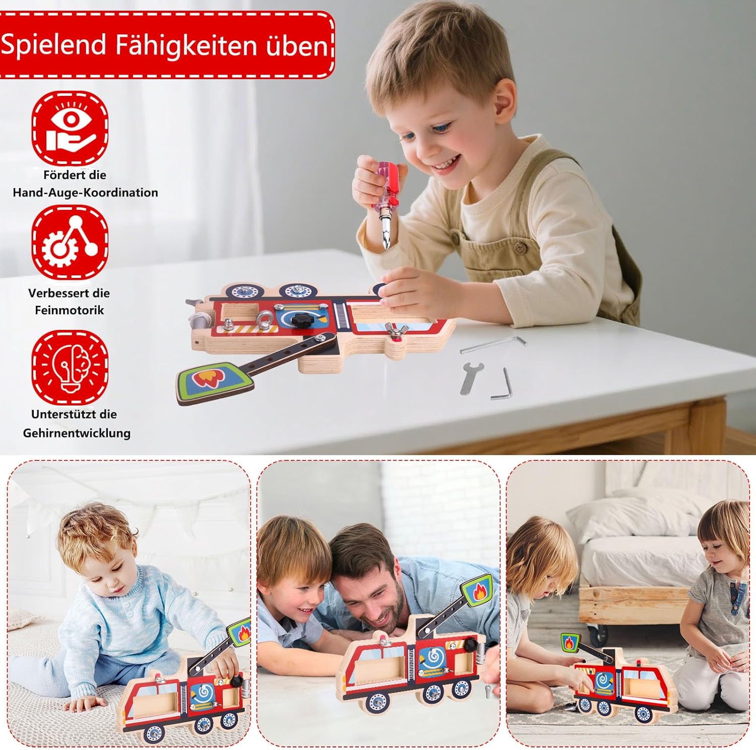 Thumbnail 1 de Liangding Feuerwehrauto Holzspielzeug mit Schrauben & Werkzeug – Montessori Lernspielzeug ab 3 Jahren