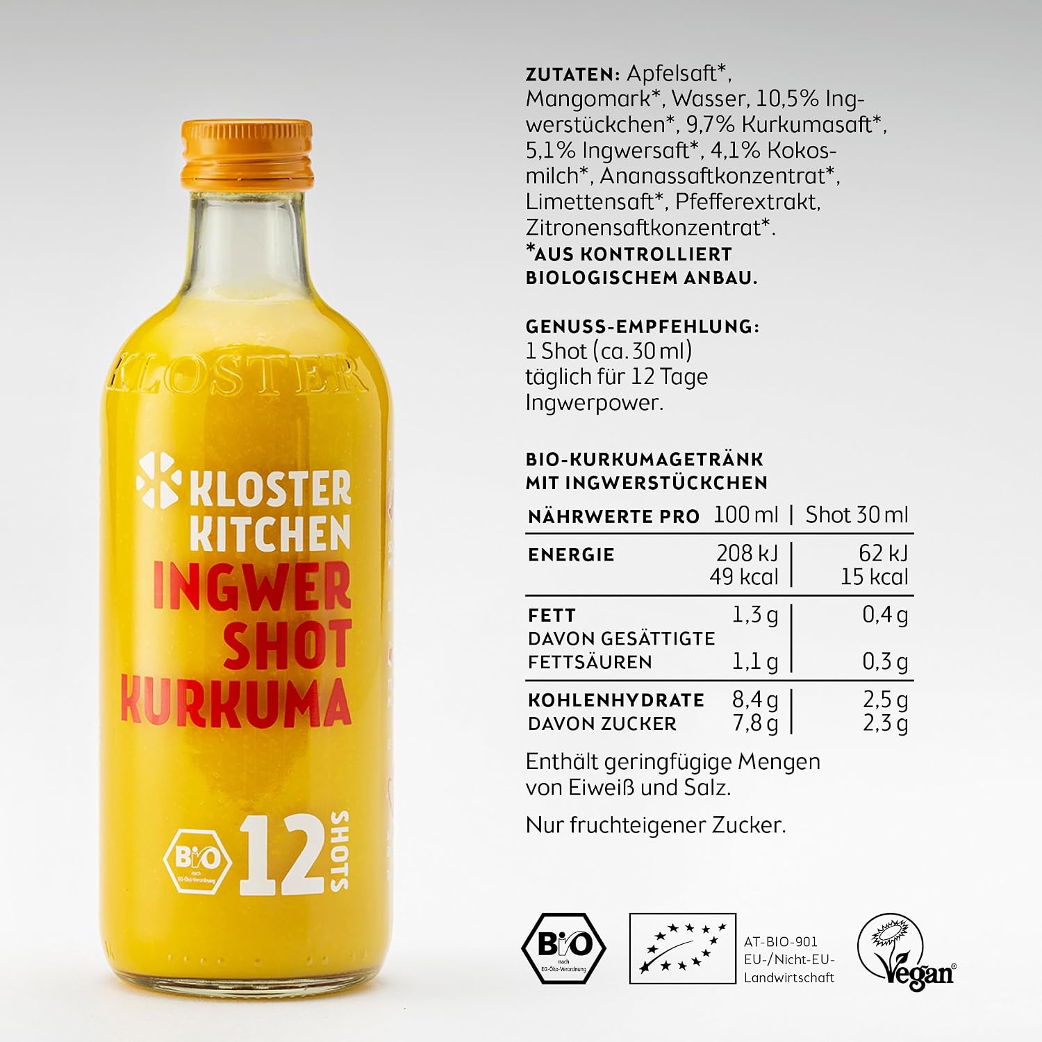 Detalle de Kloster Kitchen Bio Ingwer Shot Kurkuma (12 Shots) in Glasflasche – vegan, ohne Zusatzstoffe