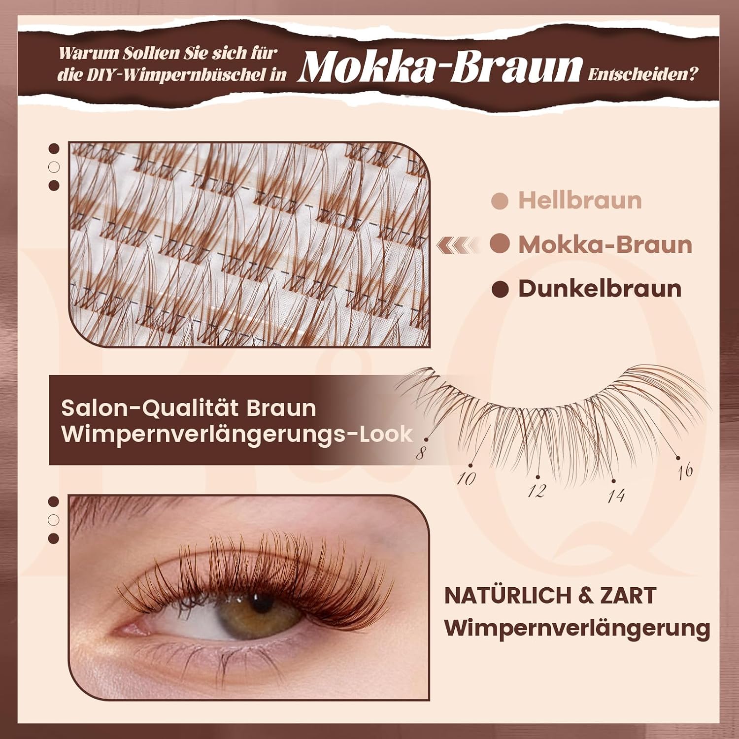 Detalle de B&Qaugen Lashes Extension Set Wispy Braun – Natürlicher Look mit Brownbraune Cluster-Lashes (8–16 mm) und Bond & Seal
