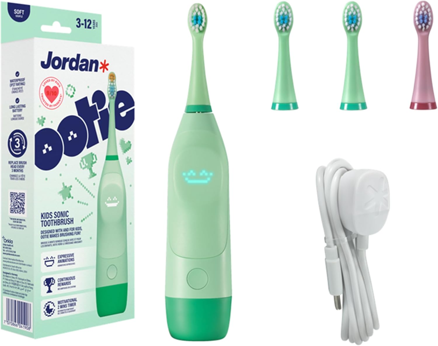 Jordan | OOTIE Spazzolino da denti sonoro per bambini 3‑12 anni con 2 testine, ricarica magnetica e display animato
