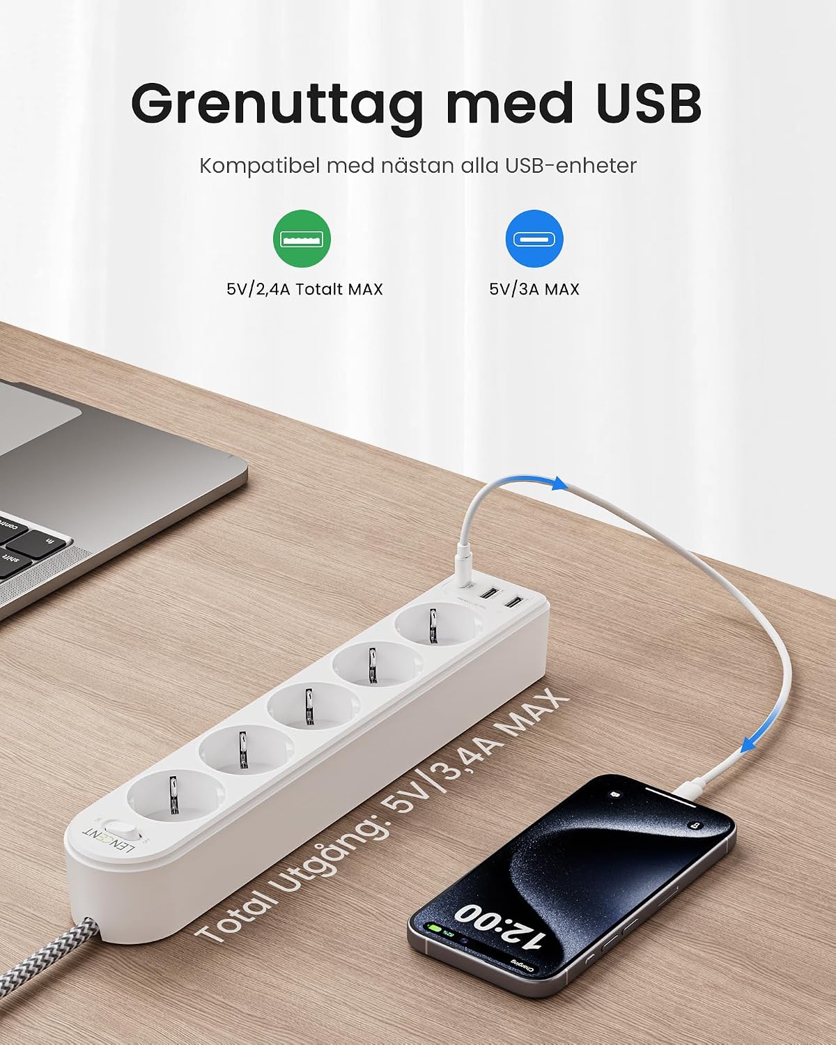 Detalle de LENCENT WP09-F5-C2U-2M grenuttag med 5 uttag, USB och 2 m kabel