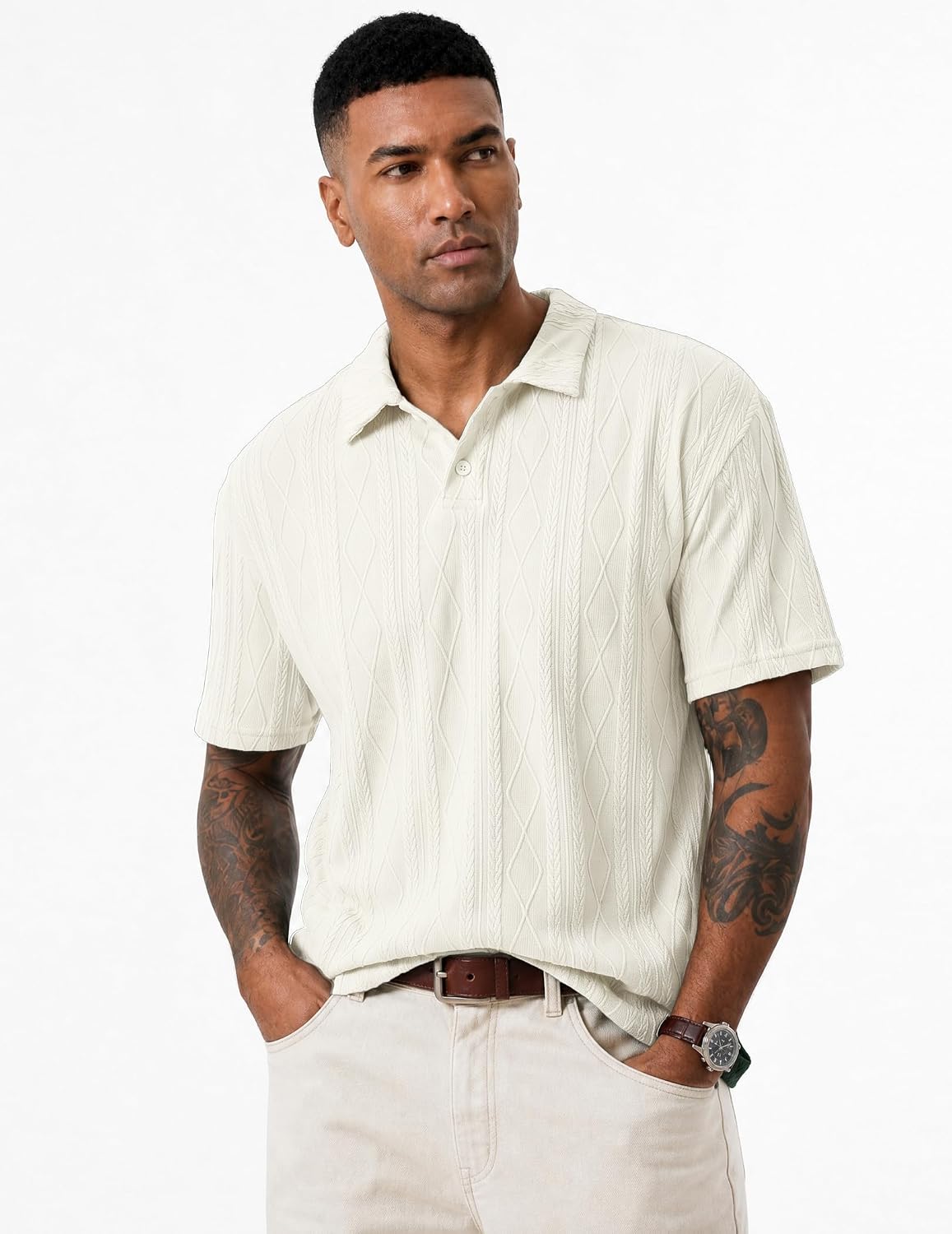 Detalle 2 de JMIERR Men's Polo Shirt Textured Knit Button Short Sleeve – Old Money Style