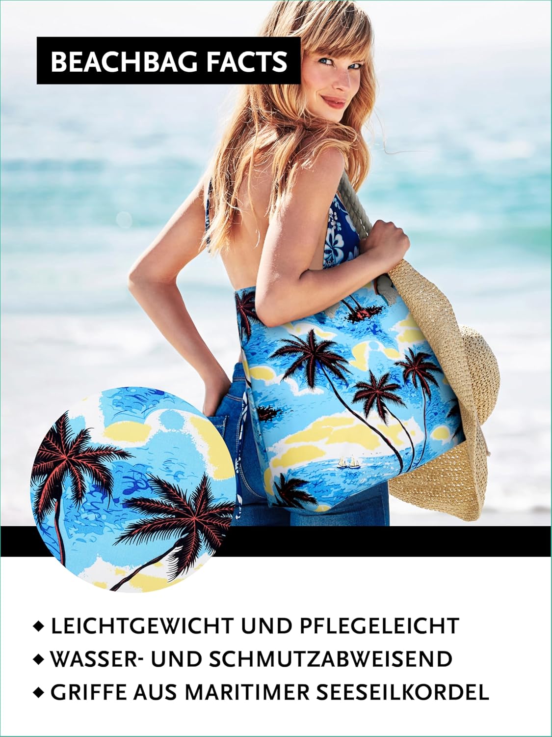 Thumbnail 3 de DonDon Strandtasche XXL mit Reißverschluss – große Beachbag als Shopper & Umhängetasche