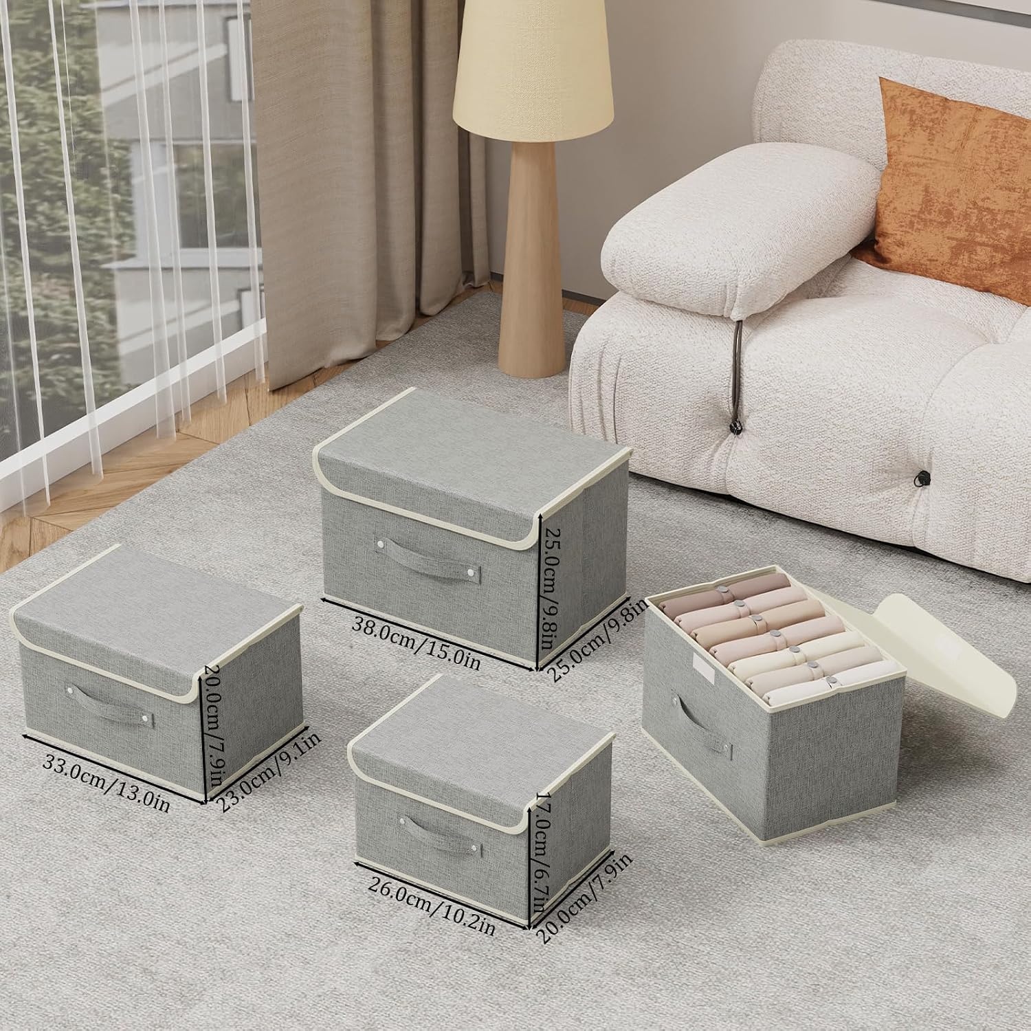 Detalle de ENUMAIL EN101GM-3 opbergboxen met deksel, opvouwbaar, grijs, 38 × 25 × 25 cm