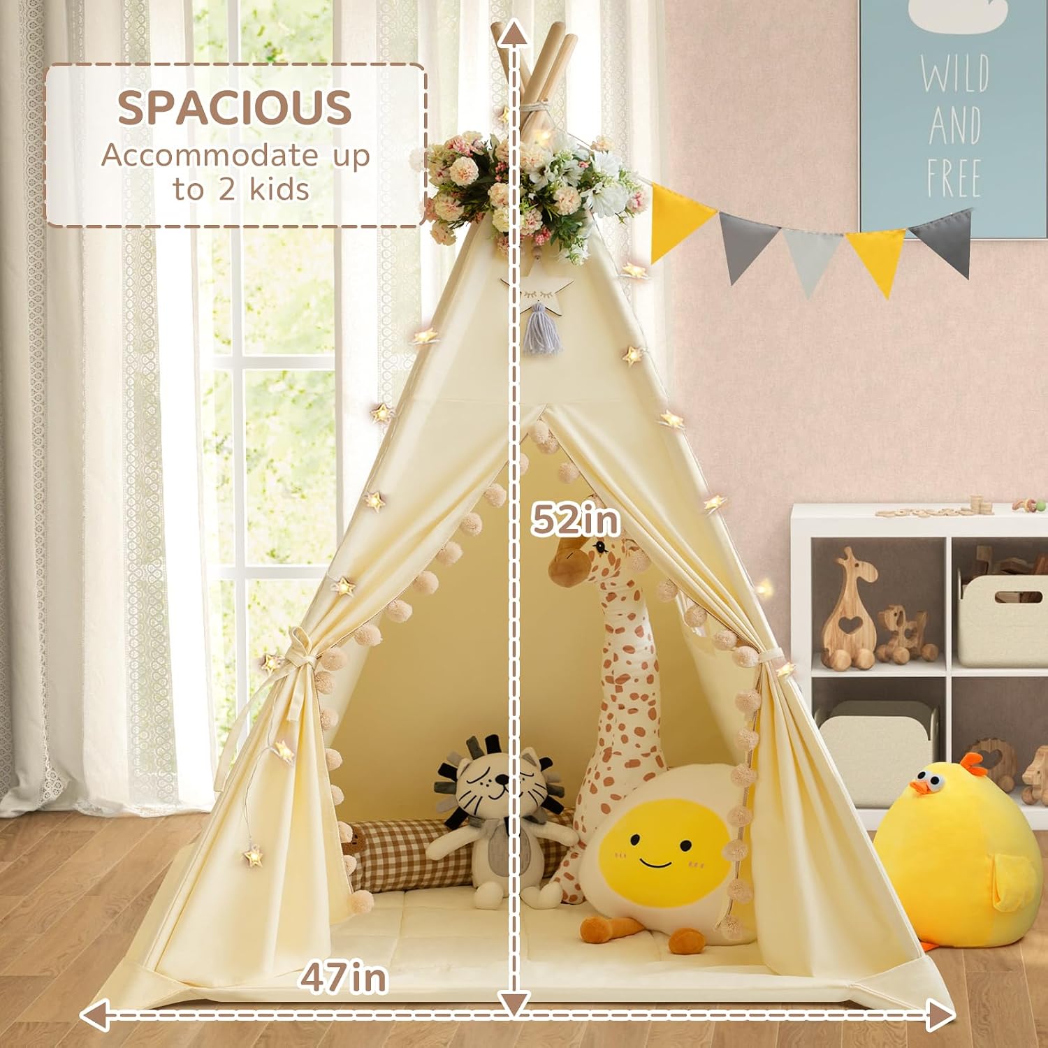 Thumbnail 6 de WIRHAO kids teepee tent with padded mat, cotton canvas and star lights (cream)