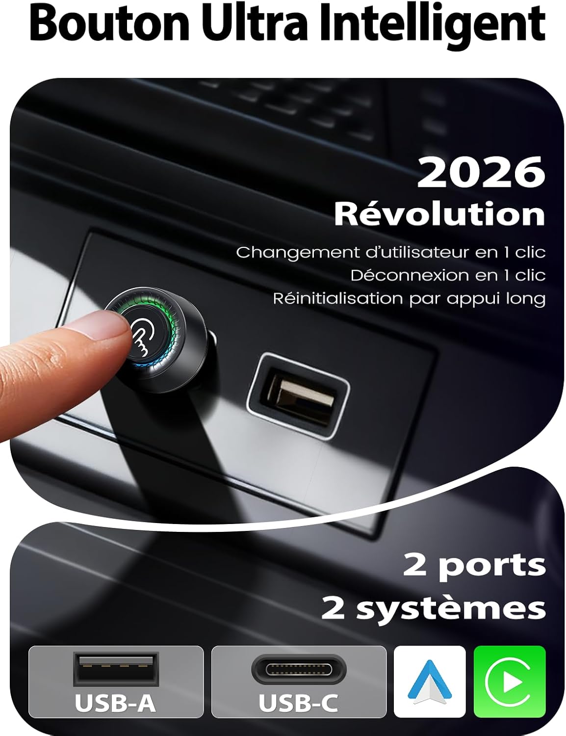 Detalle de Adaptateur CarPlay sans Fil 2-en-1 pour iPhone et Android Auto — Ultra compact et connexion stable