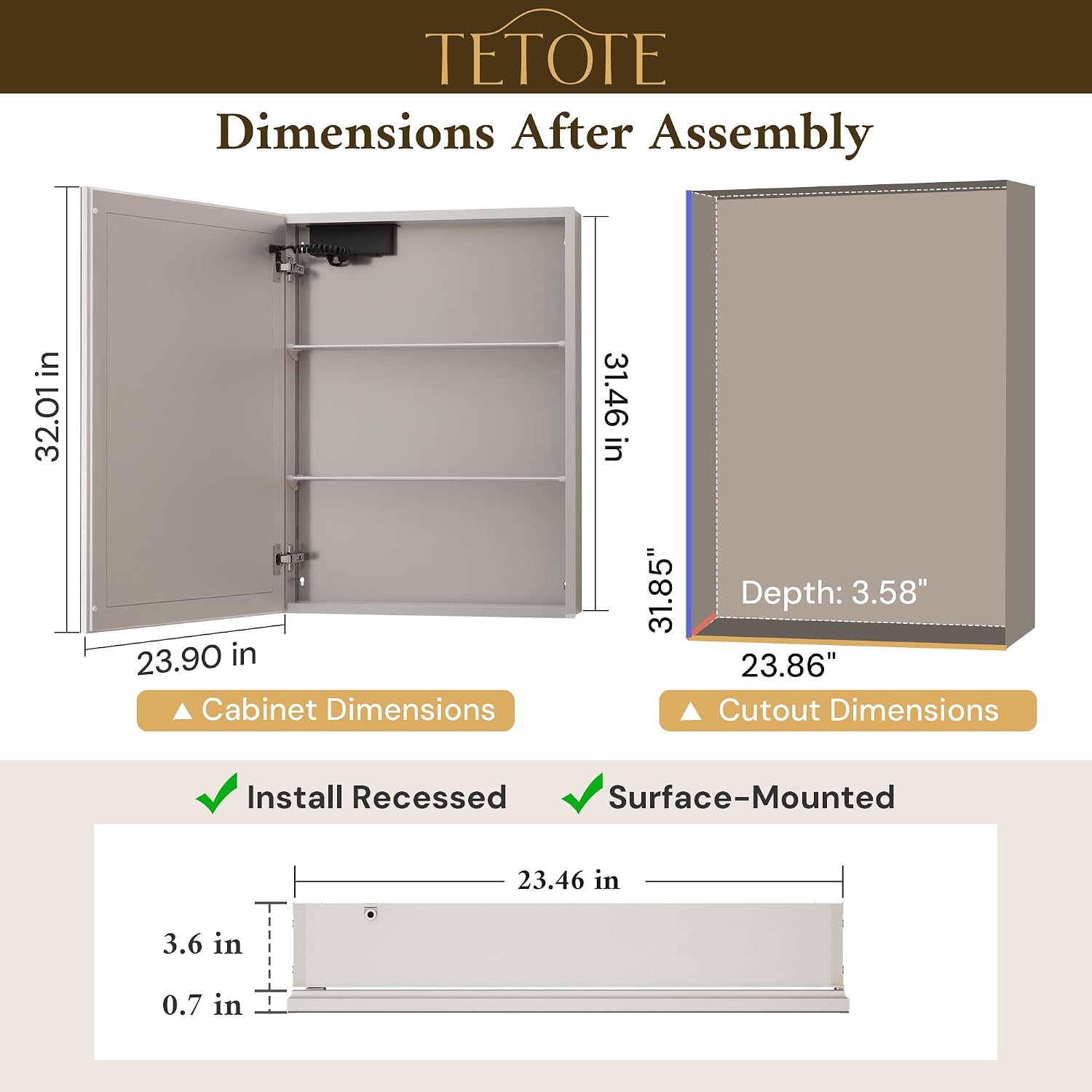 Detalle de TETOTE 24 x 32-Inch LED Medicine Cabinet with Mirror, Anti-Fog and Dimmable Light