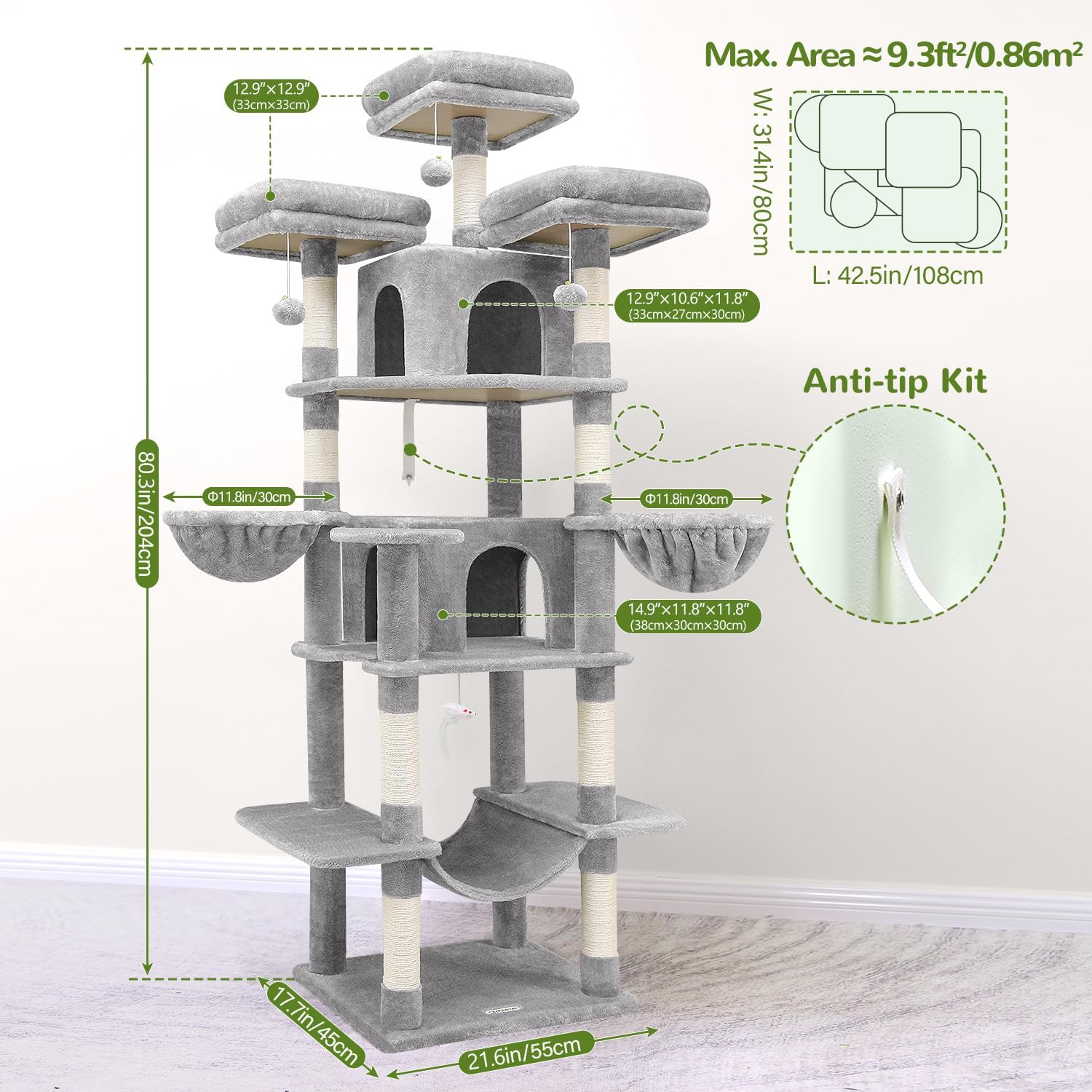 Detalle 2 de Globlazer F80 XXL Cat Tower, Light Grey, with 3 Perches, 2 Condos and Sisal Posts