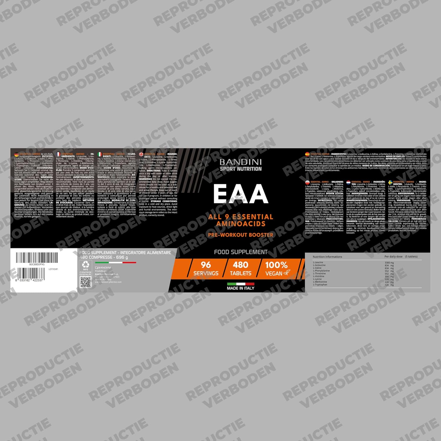Detalle 1 de BANDINI EAA-tabletten met 9 essentiële aminozuren, veganistisch en suikervrij