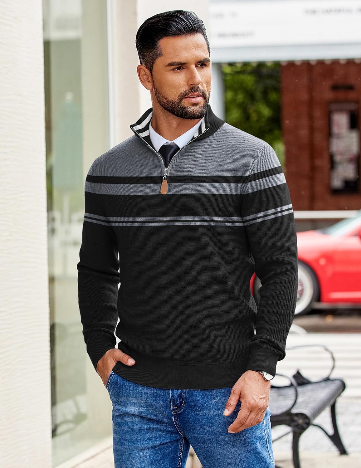 Detalle de COOFANDY Men's Quarter-Zip Knit Sweater