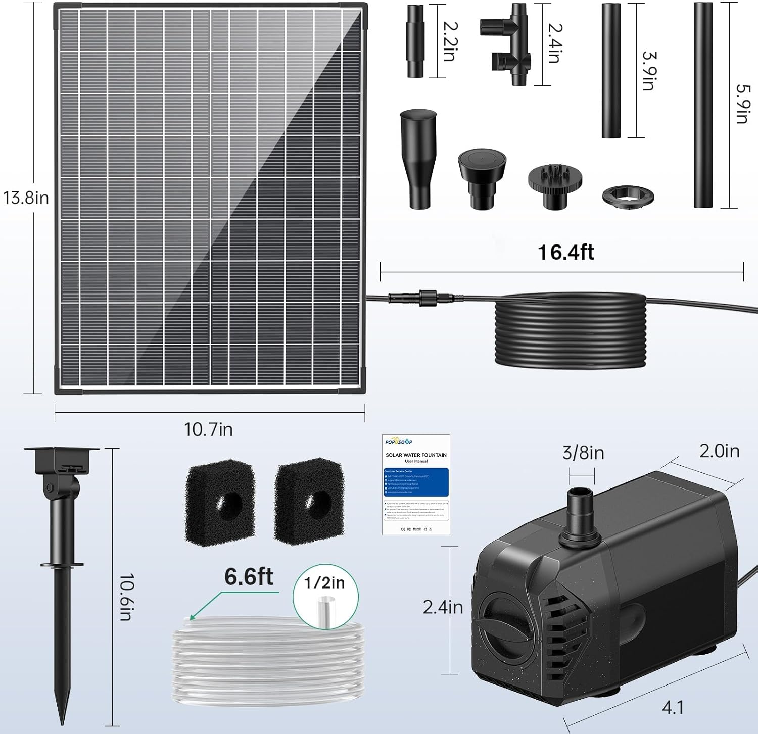 Detalle de POPOSOAP 30W Solar Pond Pump with 430GPH Flow and Diverter Valve
