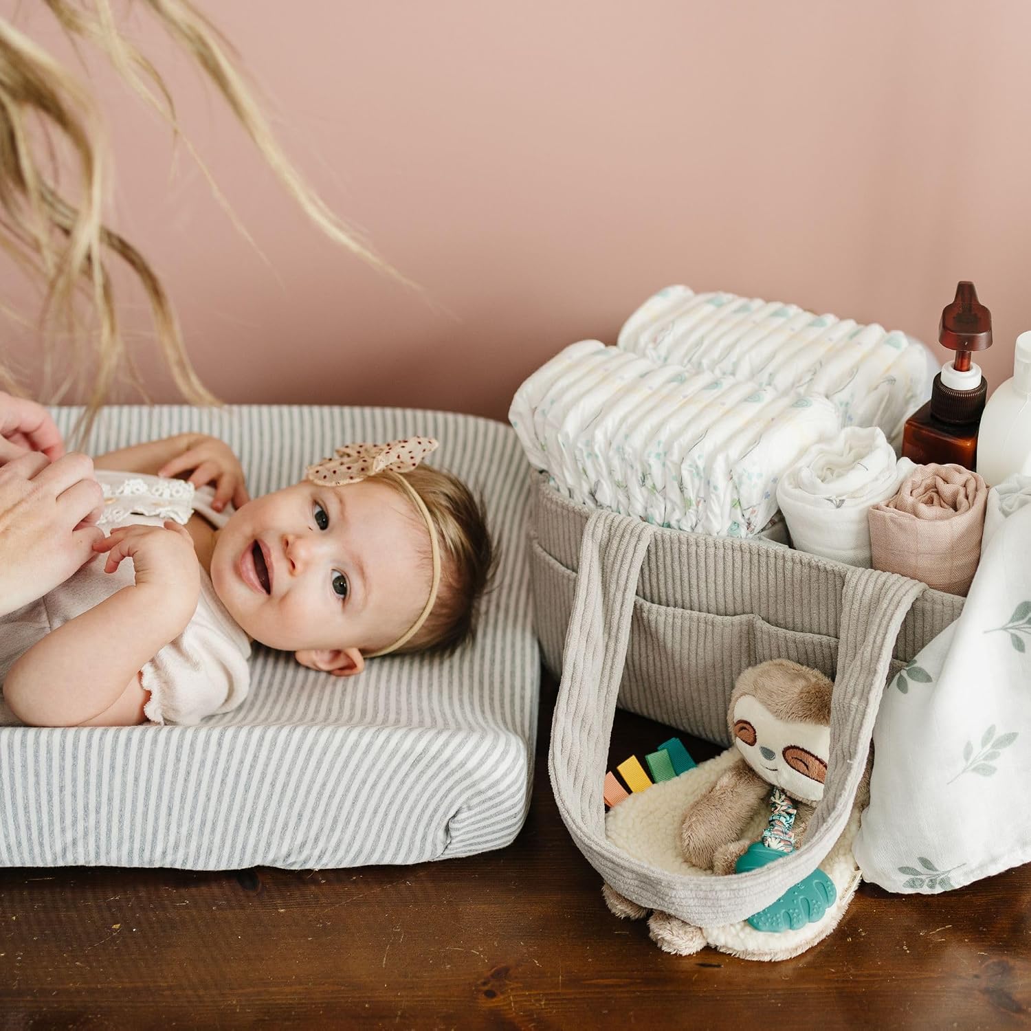 Detalle de PUTSKA Baby Nappy Caddy Organiser (Corduroy Grey) for Changing Table & Car